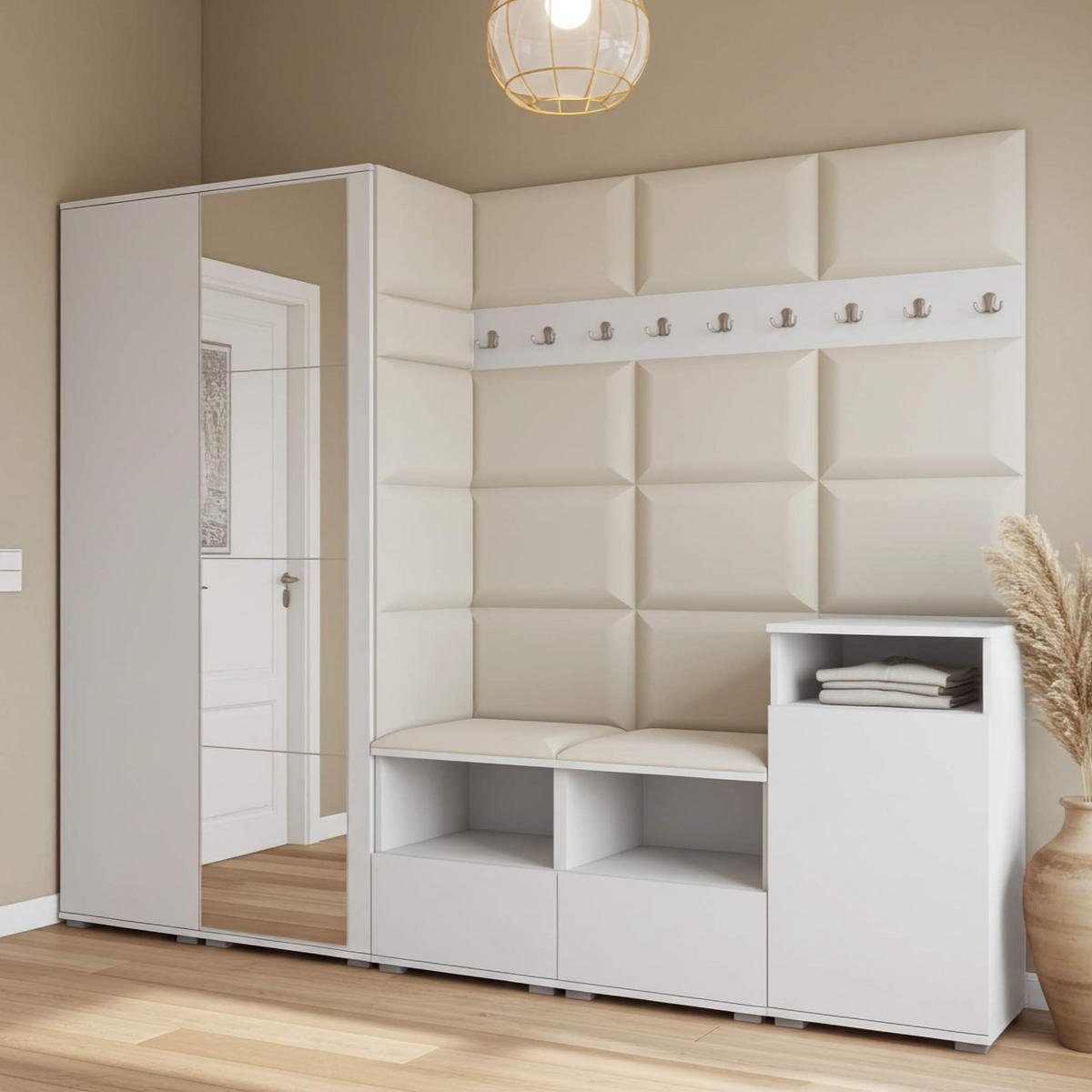 GARDEROBE NELA VIII 250 cm (Modulare Flurmöbel Weiß mit Spiegel & Sitzpolster Creme 01 Set XL) - Silberfarben/Creme, Holz/Holzwerkstoff (250/187/40cm) - Ravio