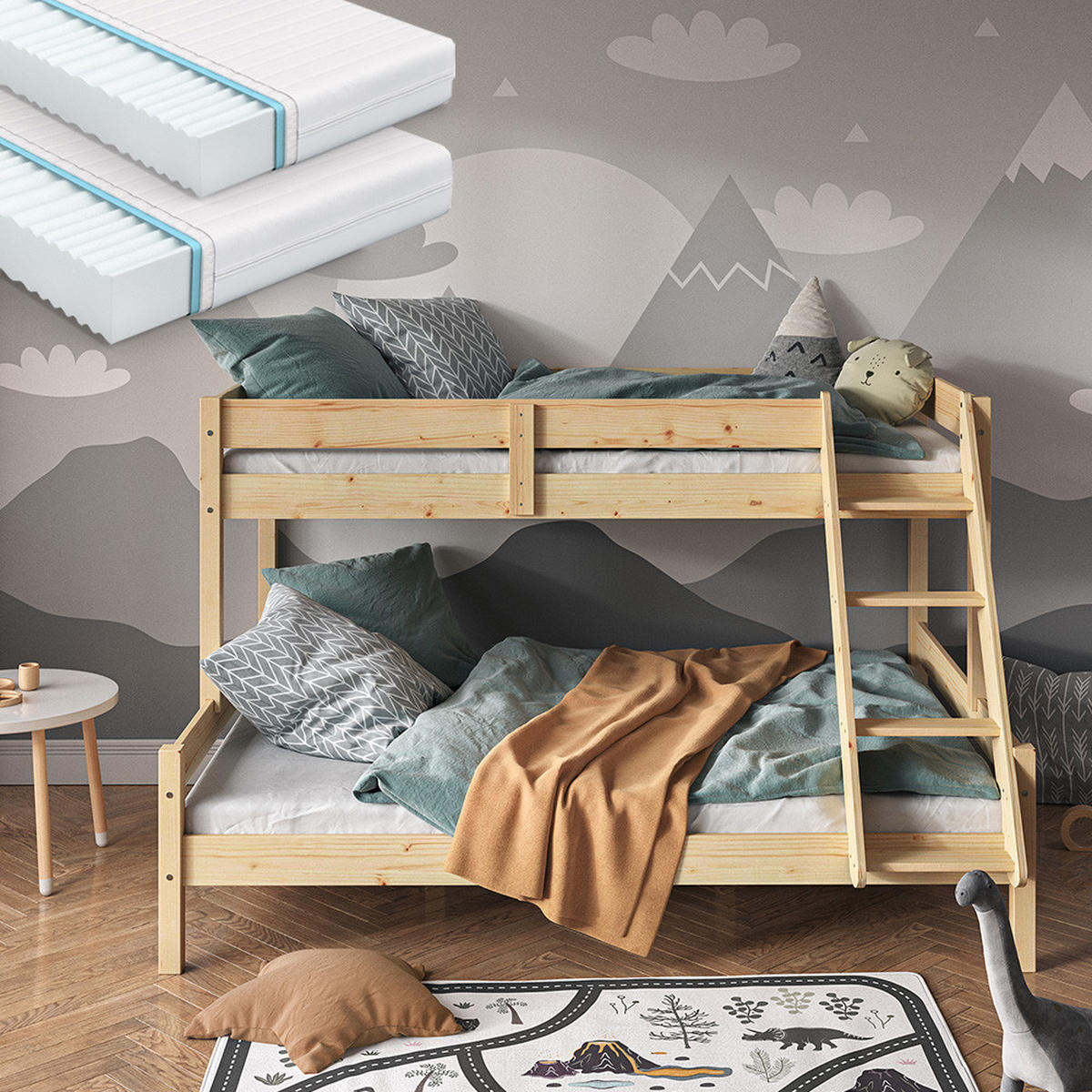 ETAGENBETT Everest Naturholz 140x200/90x200 cm mit 2 Matratzen - Naturfarben, Holz (140/200cm) - VitaliSpa