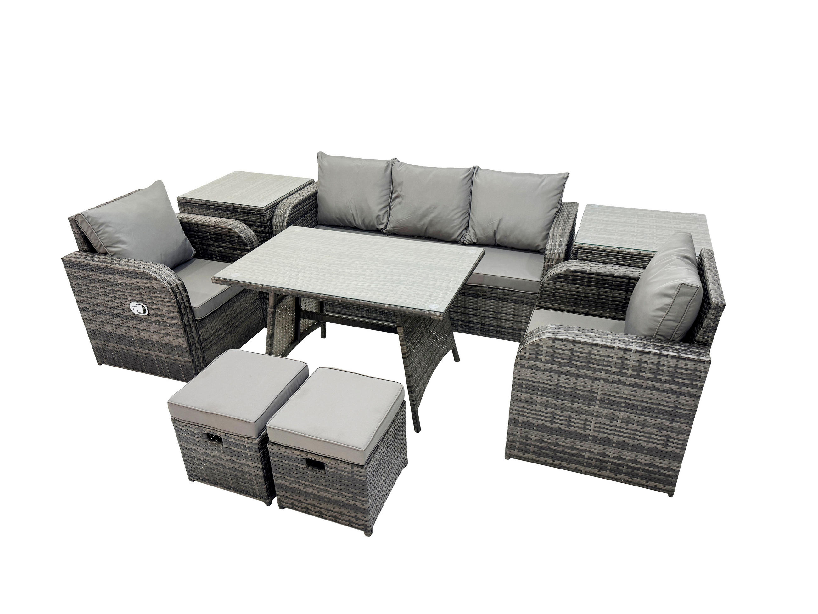 GARTENMÖBEL SET mit COUCHTISCH Polyrattan Dunkelgrau 7-Sitzer - Dunkelgrau/Grau, Glas/Kunststoff - Fimous