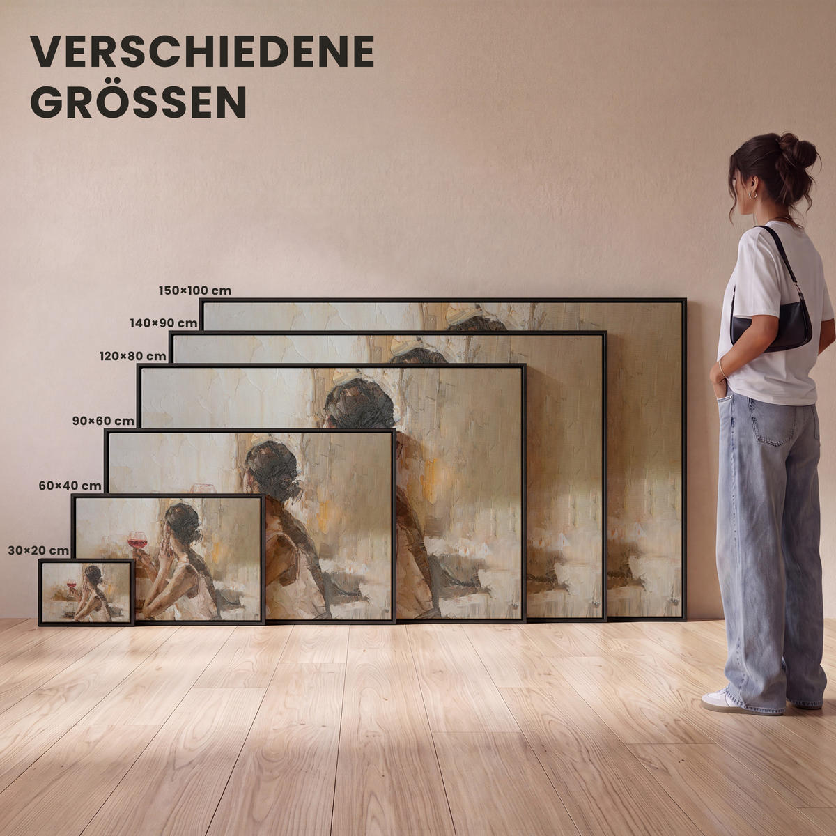LEINWAND Bilder mit Rahmen - Ölgemälde - Frau - Wein - 150x100 - Hellbraun, Textil (150/100cm) - MuchoWow