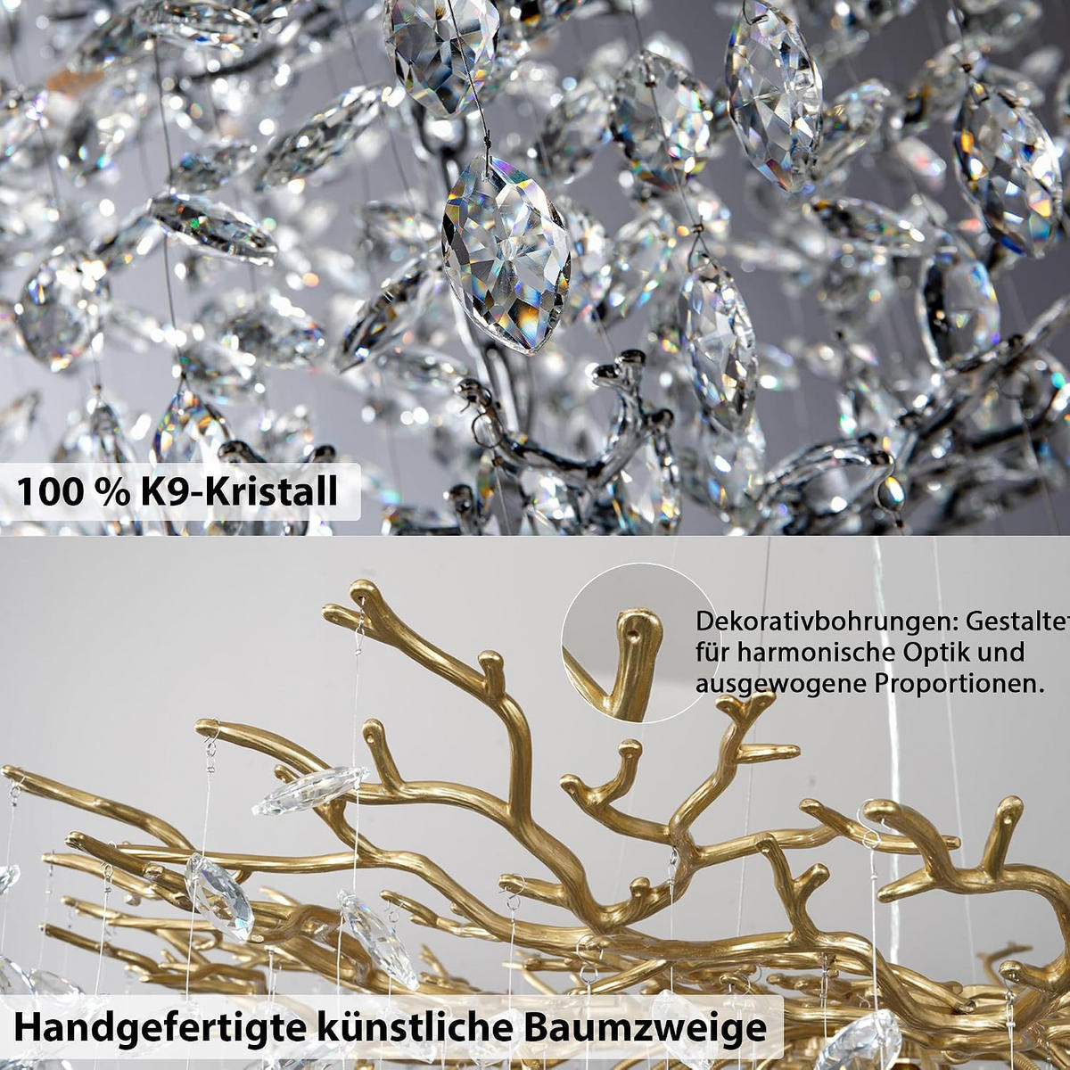 KRONLEUCHTER Rechteck 150 cm K9‑Kristall Baumzweig Gold für Esszimmer und Kücheninsel - Gelb, Naturmaterialien (114/31/29cm) - Surtime