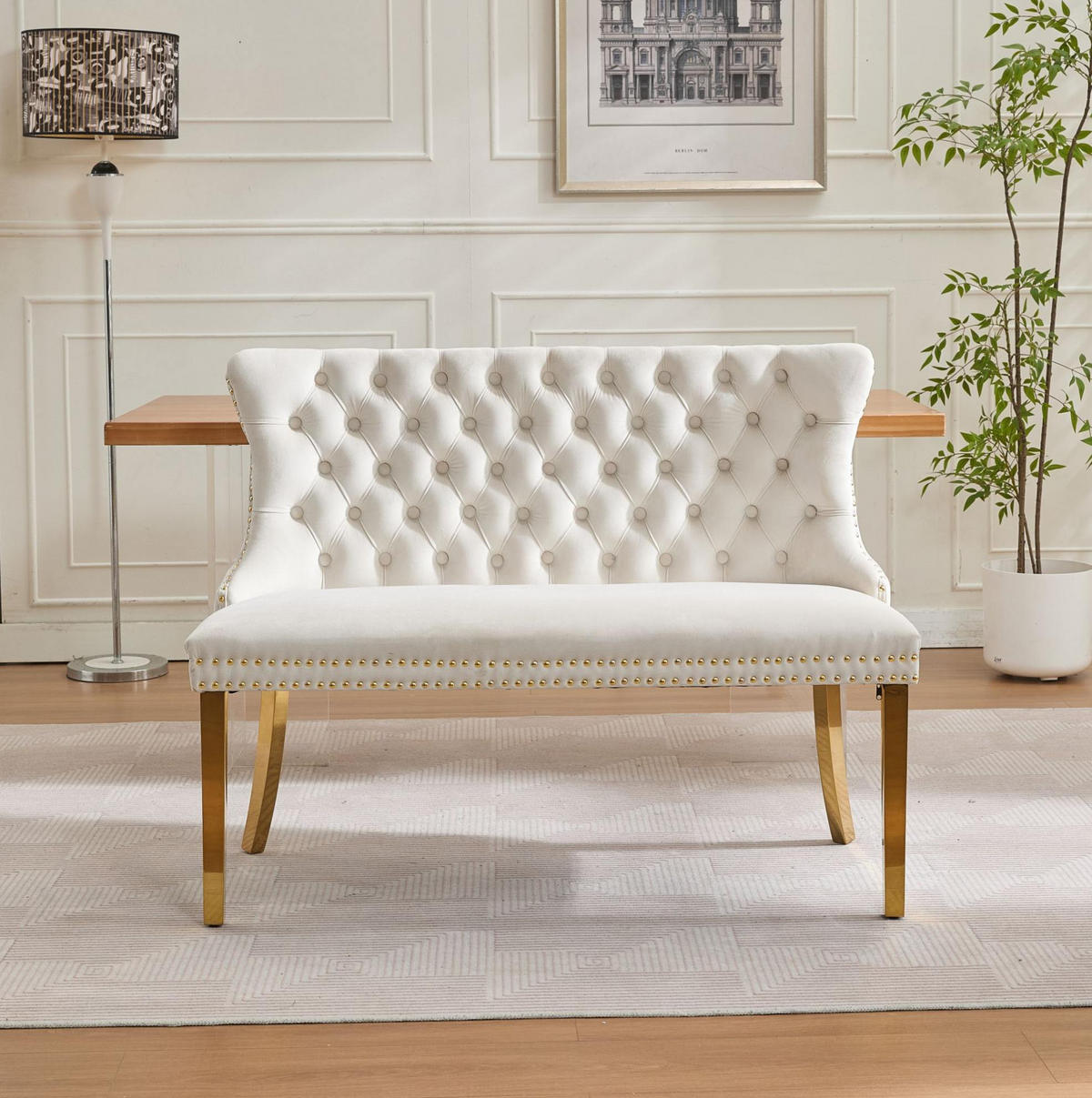 SITZBANK 2-Sitzer Samt Beige mit goldfarbenen Edelstahlbeinen - Beige, Metall (116/89.5/58.1cm) - Meubliv