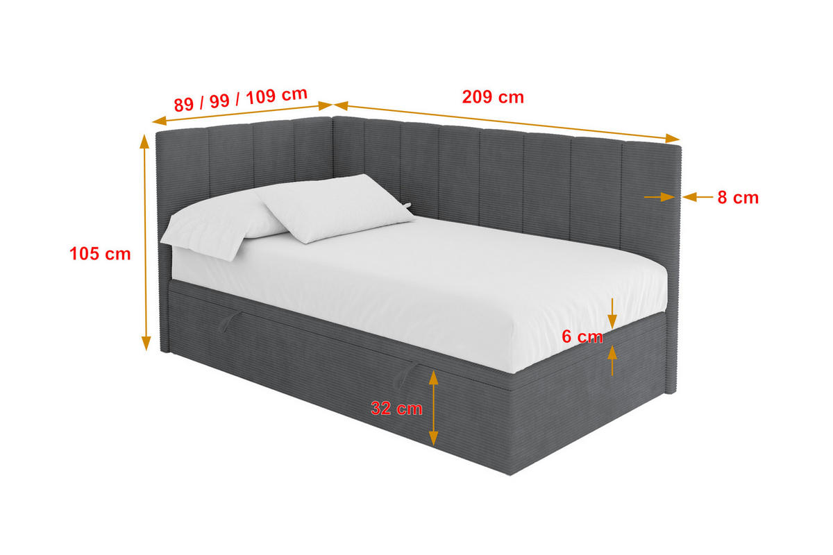 EINZELBETT Jugendbett mit Bettkasten Rechts, mit Matratze - LOVY 90x200 Dunkelgrau - Graphitfarben, Holzwerkstoff/Textil (90/200cm) - ALTDECOR