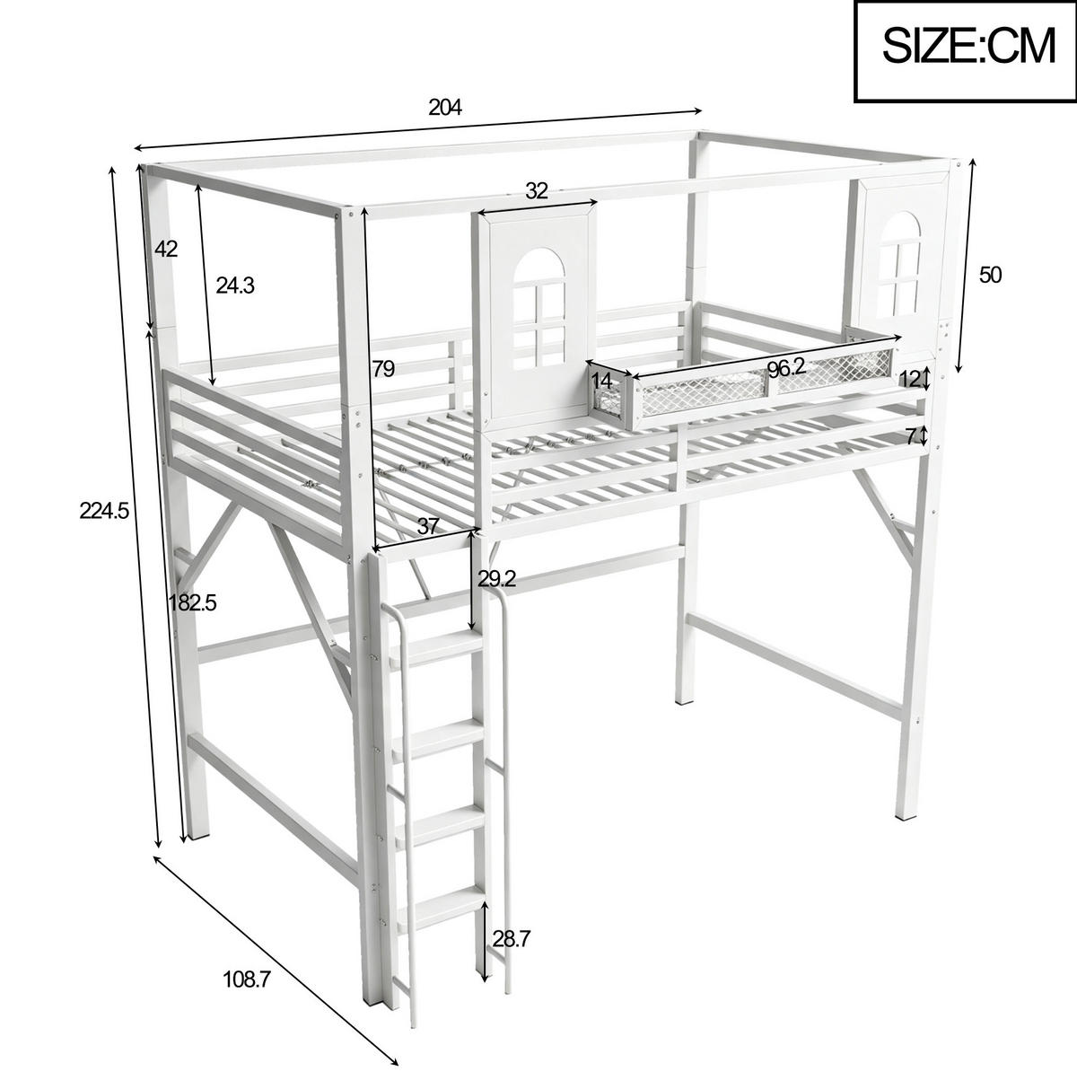 HOCHBETT aus Metall und MDF 90x200 cm Weiß mit Dachdesign, Leiter mit Handlauf und Ablagefach - Weiß, Metall (90/200cm) - Modfu