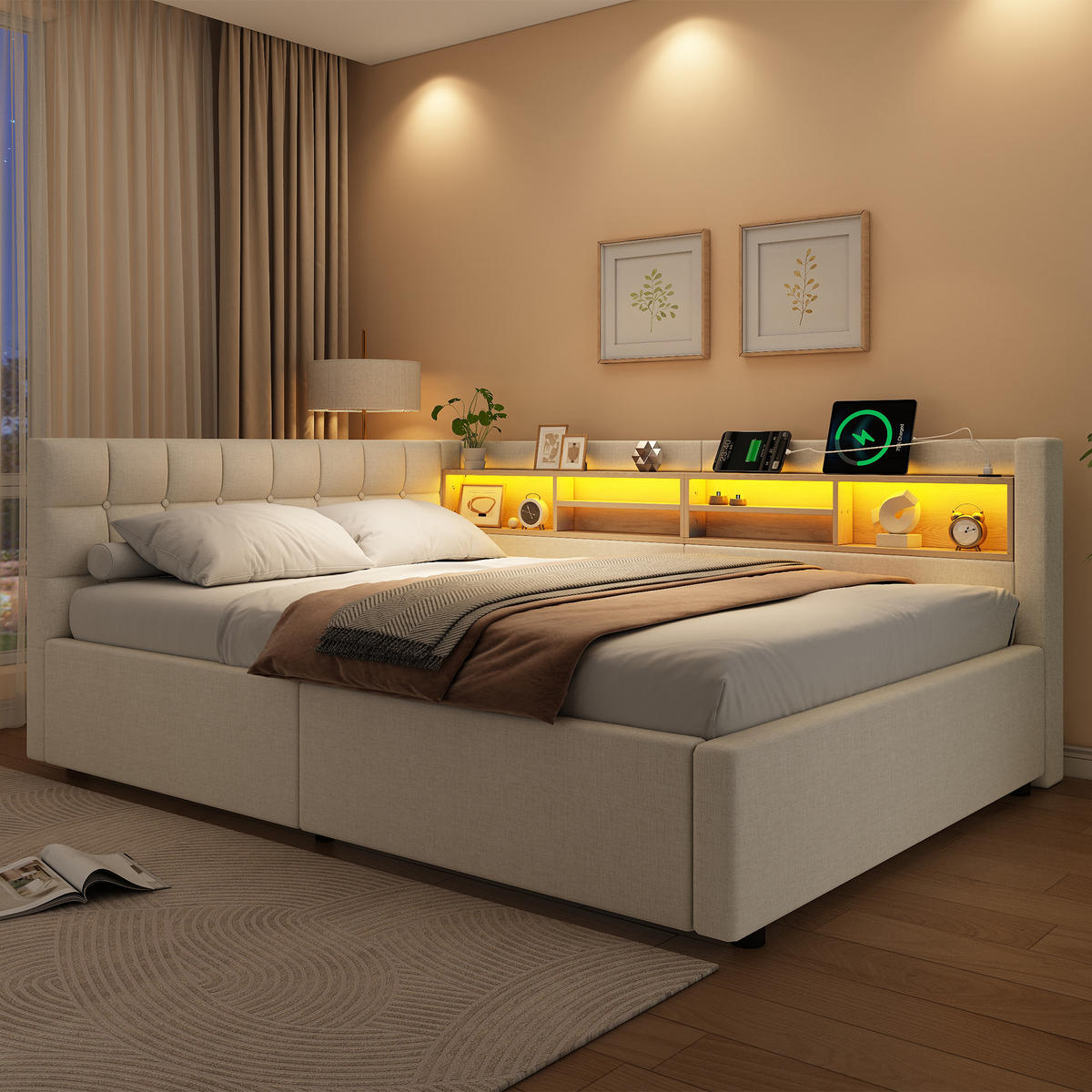 TAGESBETT 140x200cm Schlafsofa Hydraulik LED USB Beige - Beige, Naturmaterialien (140/200cm) - FLIEKS