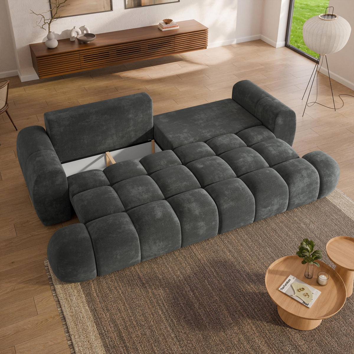 BETTSOFA DAFNE Grau Chenille-Stoff mit Schlaffunktion - Grau, Textil (300/88/113cm) - MASSENO