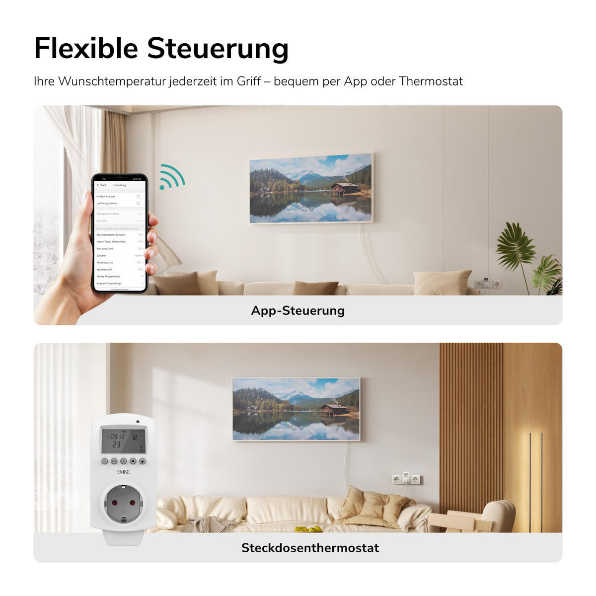 WANDKONVEKTOR Elektrisch mit modernem Landschaftsmotiv, WLAN App Steuerung, Thermostat, 119,5/59,5 cm - Weiß, Kunststoff/Metall (59.5/119.5/2cm) - EMKE