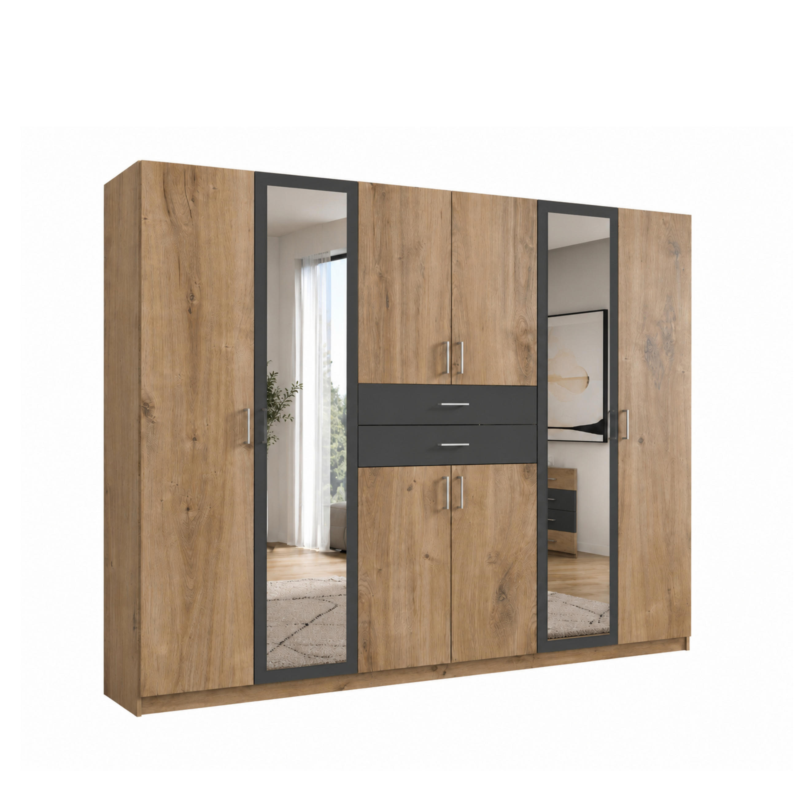 luma-home SKŘÍŇ S OTOČNÝMI DVEŘMI Š270/V208/H58 cm, dekor dub s grafitovými akcenty, se 2 zrcadlovými dveřmi a zásuvkami / 22596