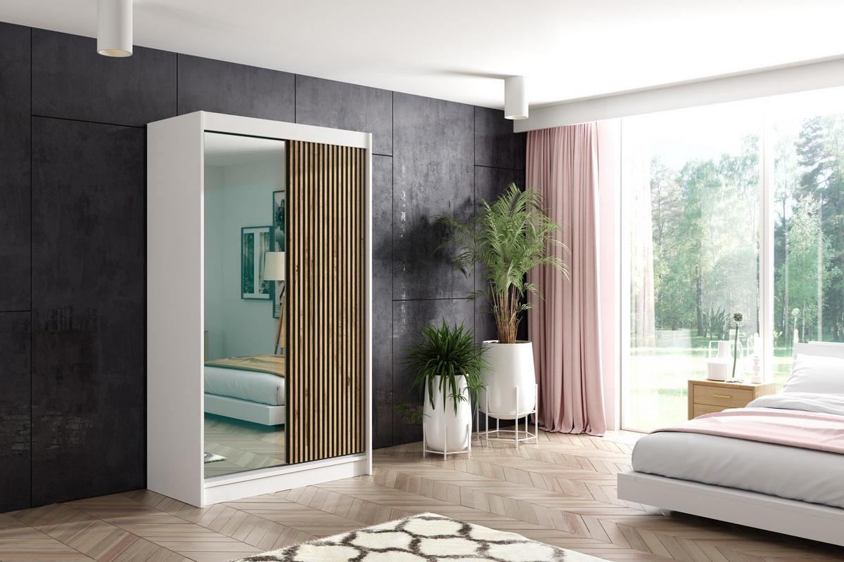 KLEIDERSCHRANK VILAN mit Spiegel - 120 cm - Weiß|Eiche Wotan - Eiche Wotan/Weiß, Holzwerkstoff (120/215/61cm) - ALTDECOR