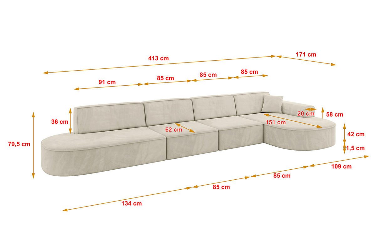 ECKSOFA Ottomane Rechts MARI-L3 - 413x171x79 cm Ecru Velours - Ecru/Schwarz, Holzwerkstoff/Kunststoff (171/413cm) - ALTDECOR