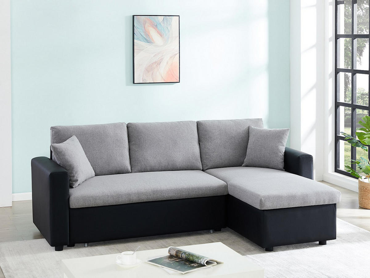 ECKSOFA mit Schlaffunktion GAZUR - Stoff & Kunstleder - Ecke wechselbar - Schwarz & Grau - Schwarz, Textil (223/146cm) - Vente-Unique