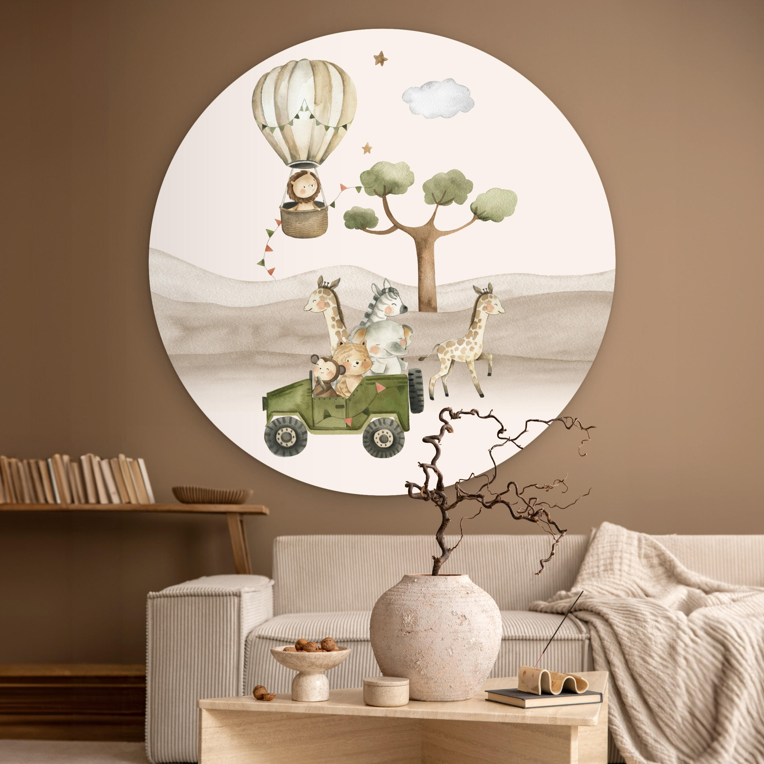 WANDBILD Wilde Tiere - Safari - Aquarell - Heißluftballon 150x150 cm - Beige, Kunststoff (150/150cm) - MuchoWow