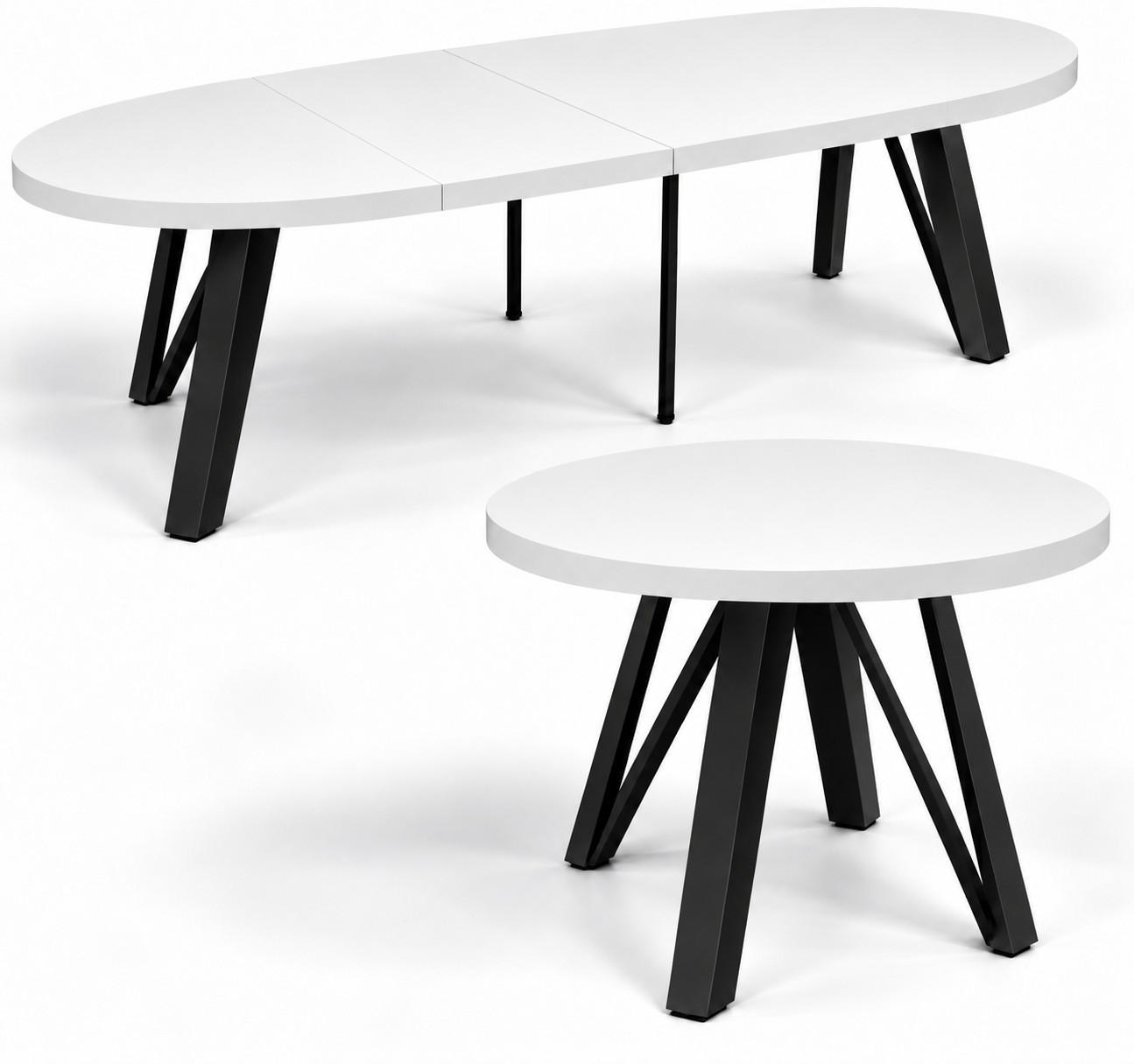 ESSTISCH rund ausziehbar 100/300/76 cm, Weiß, 54 cm Tischplatte + Industrial Metallgestell Schwarz - Schwarz/Weiß, Holzwerkstoff/Metall (100/300/76cm) - Damale Möbel