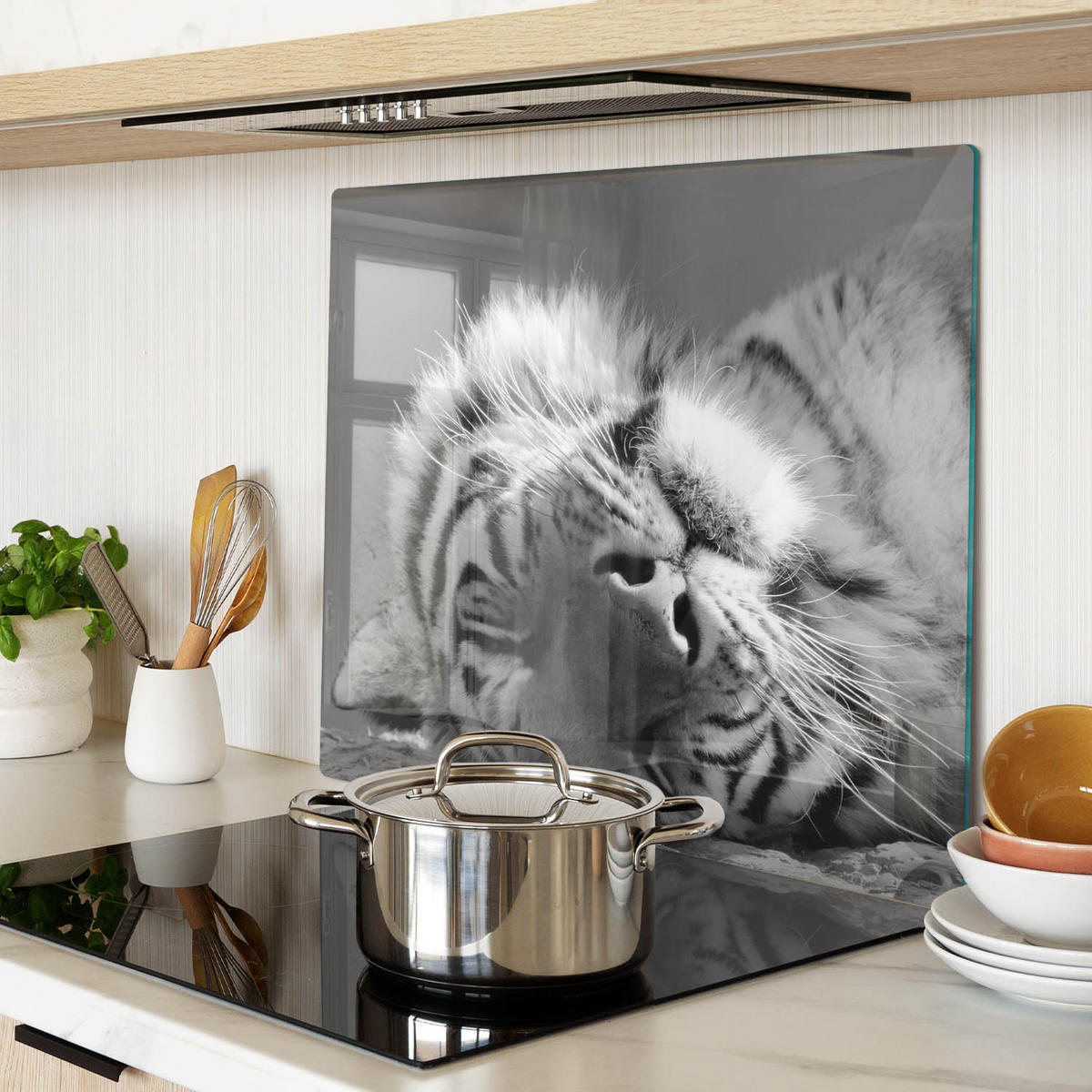 GLASPLATTE 60x52 cm Schlafender Tiger - Hellgrau, Glas (60/52cm) - TULUP