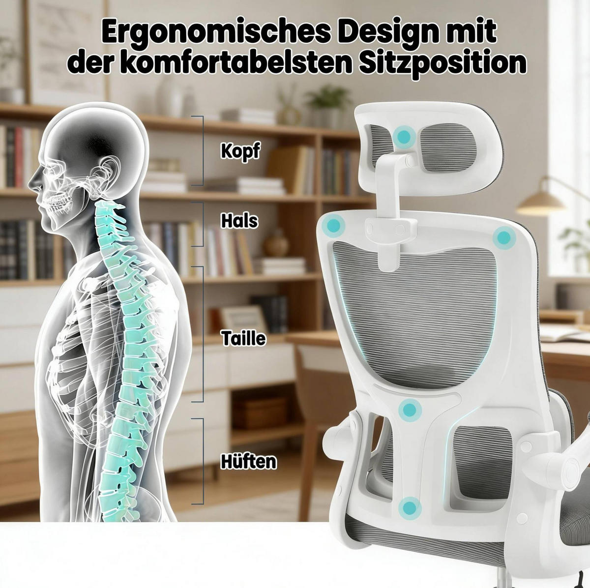 BÜROSTUHL ergonomisch höhenverstellbar Grau mit Rollen - Grau, Metall (62/123.5/67.5cm) - Meubliv
