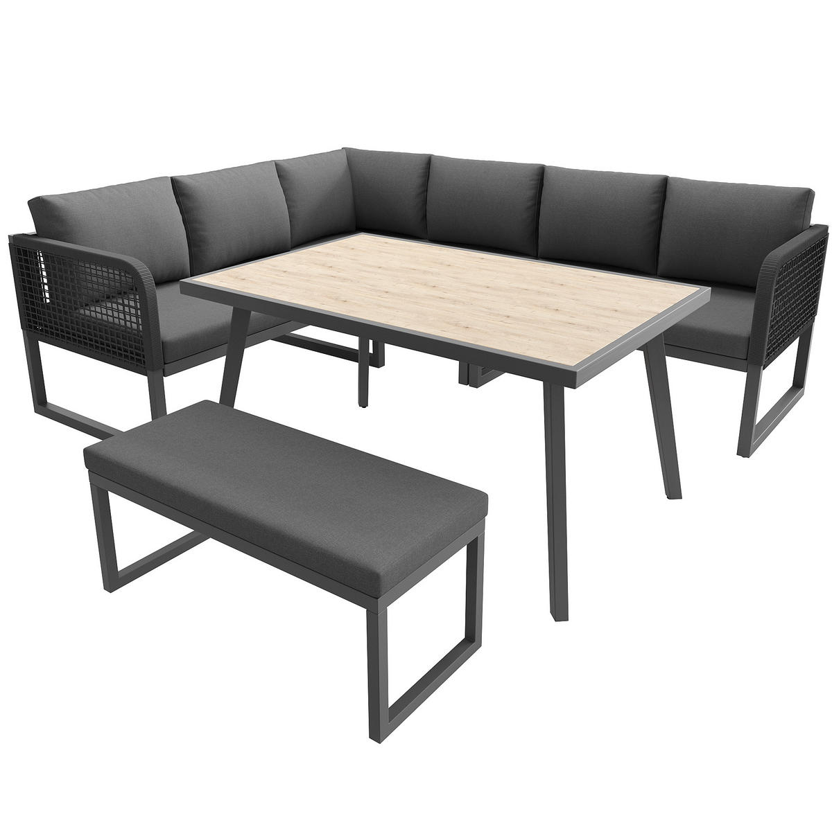 GARTENMÖBEL-SET mit Tisch 110/60/71 cm grau aus PE-Rattan mit Kissen - Grau, Metall - OKWISH