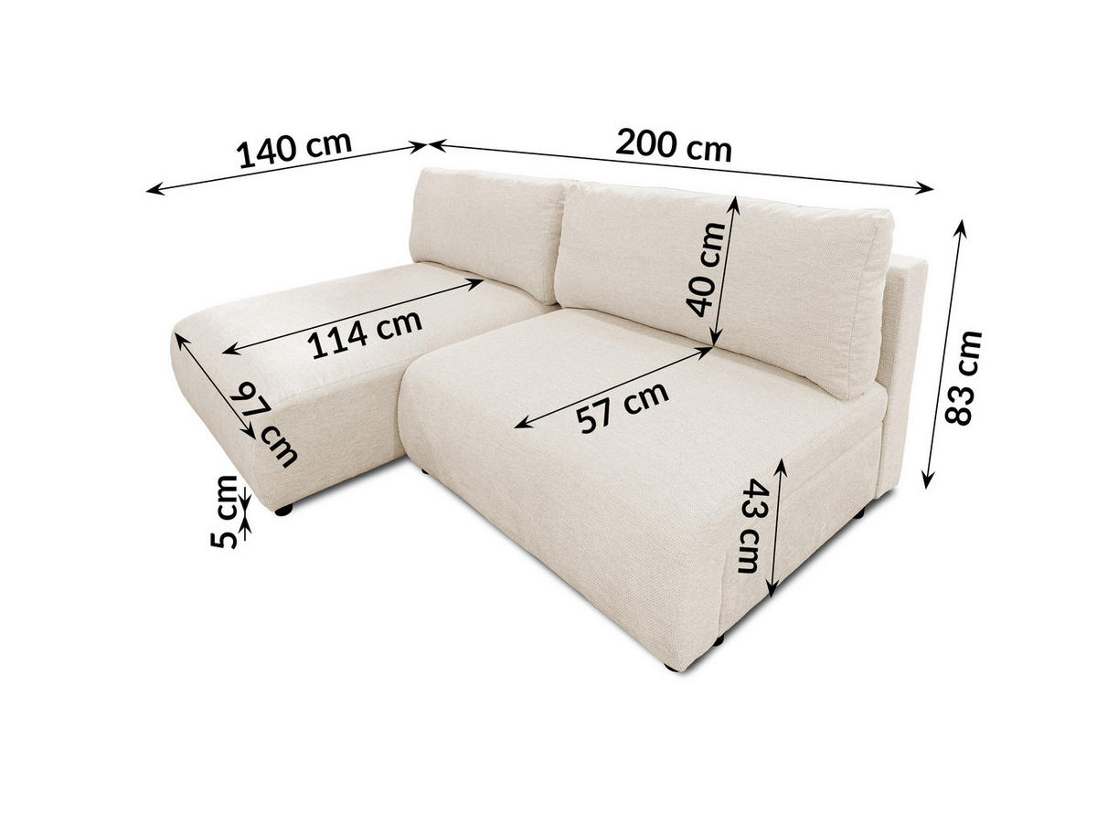 ECKSOFA Sora mit Schlaffunktion, Bettkasten und extra tiefer Komfortzone aus hochwertigem Hellbeige Strukturstoff - Beige/Schwarz, Holz/Kunststoff (140/200cm) - S-Style