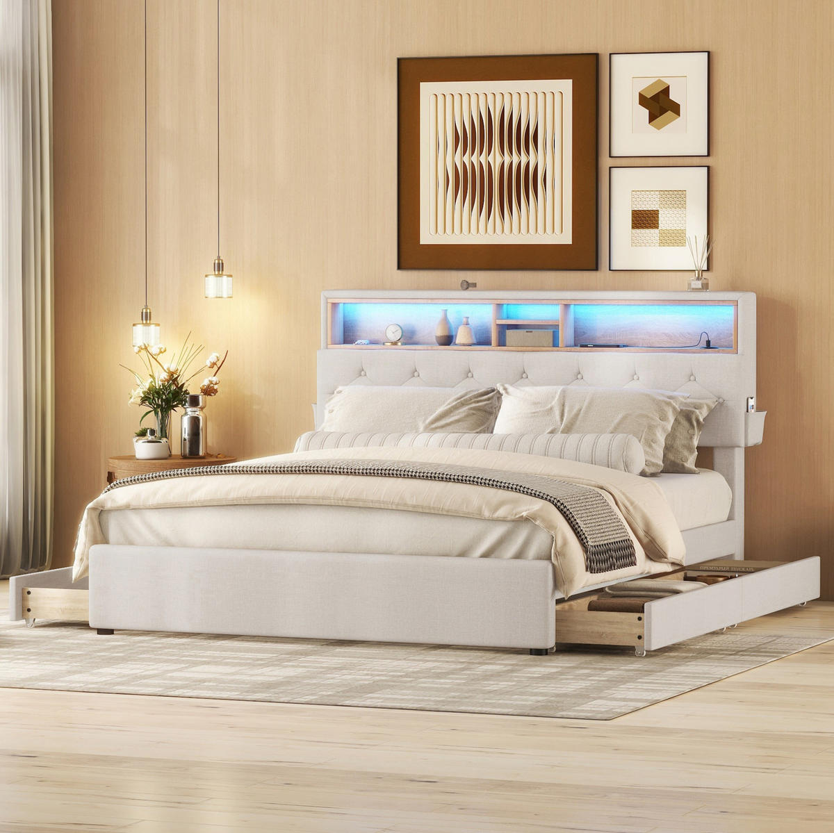 POLSTERBETT 140/200 cm aus Leinen mit LED-Beleuchtung USB und Stauraum Antikgrau - Beige, Textil (140/200cm) - Modenvie
