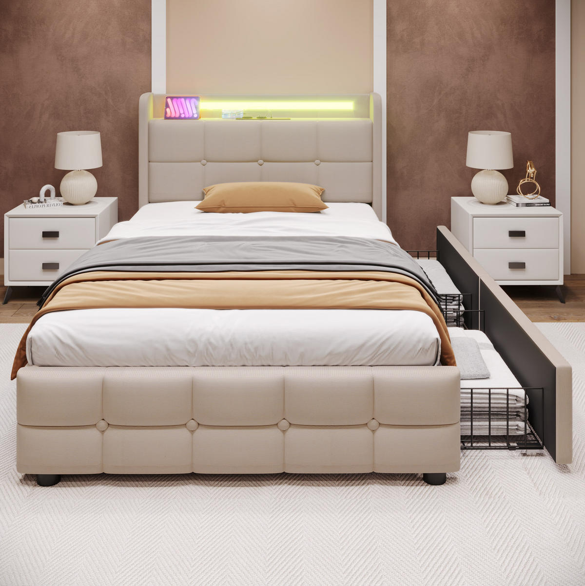 POLSTERBETT 90/200 cm mit Leinenbezug, LED-Beleuchtung, USB/Steckdosen, 2 Schubladen und Matratze, Beige - Beige, Holz (90/90cm) - Redom