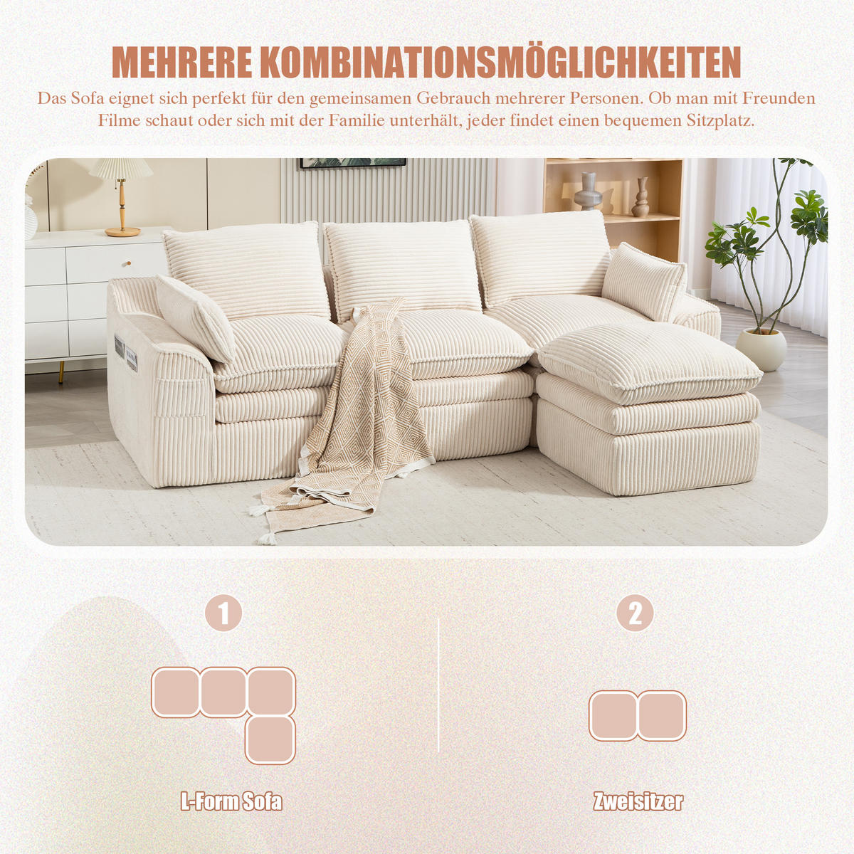 3-SITZER ECKSOFA Cord Beige mit Kissen und Hocker - Beige, Textil (263/167cm) - WISHDOR