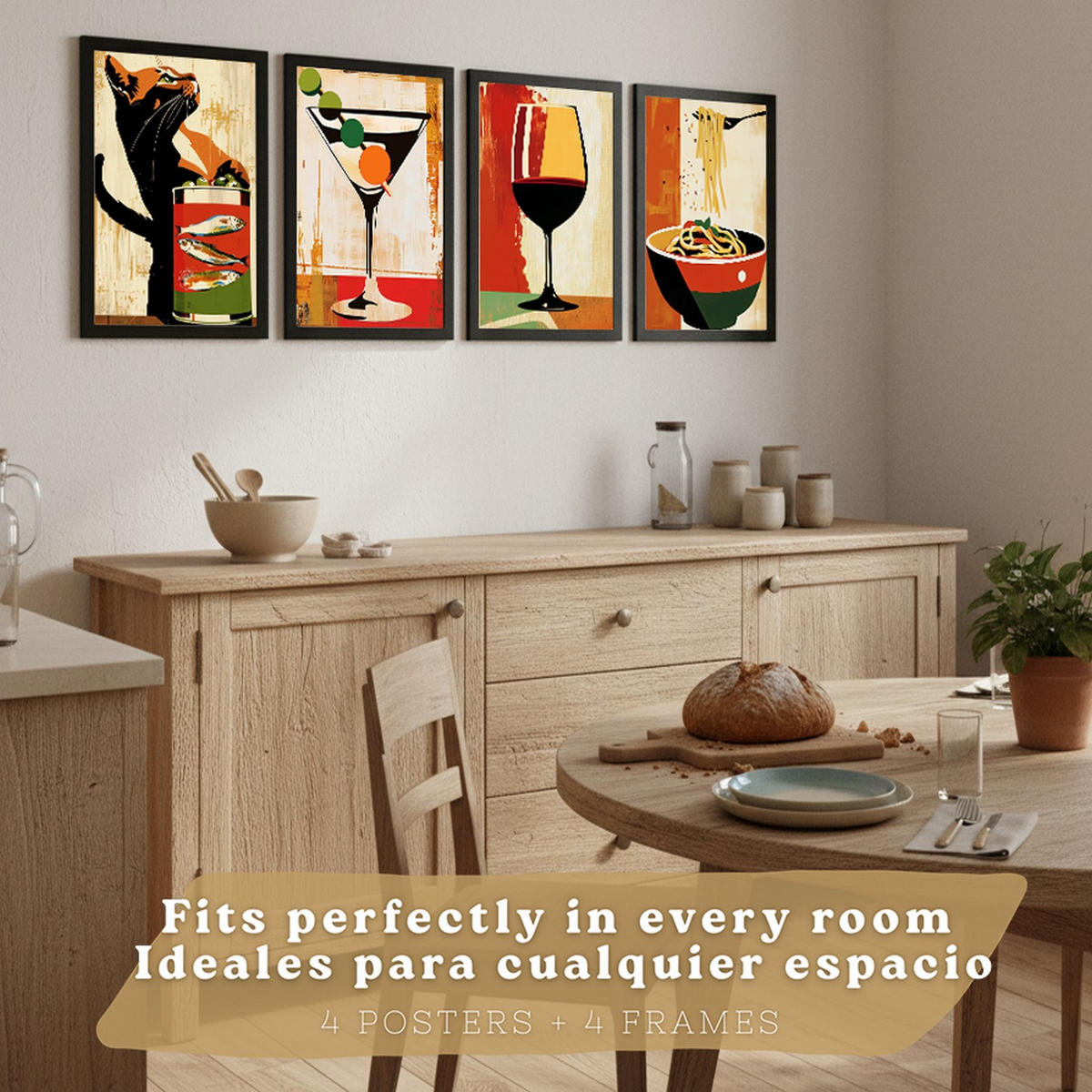 PLAKAT Sada 4 Vintage Cat A4 Černý rám - černá, papír (29.7/1/21cm) - Nacnic