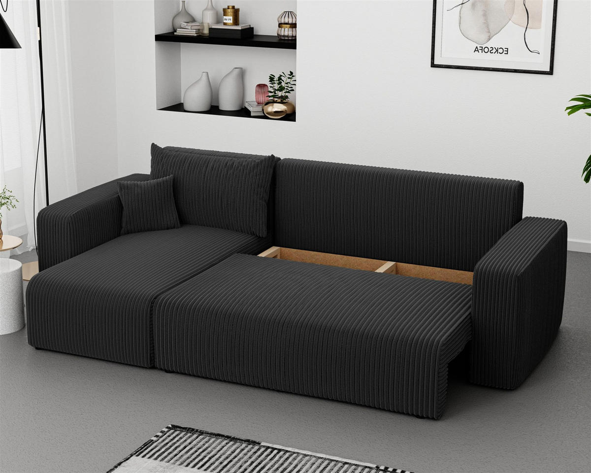 ECKSOFA Luna Mit Schlaffunktion - Schwarz, Holzwerkstoff/Textil (248/145cm) - Fun Möbel