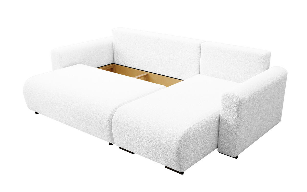ECKSOFA DORA L, Eckcouch in L-Form mit Schlaffunktion und Bettkasten, Farbe: Weiß, Bouclé-Stoff, Ottomane Rechts - Weiß, Textil (240/143cm) - Storez24