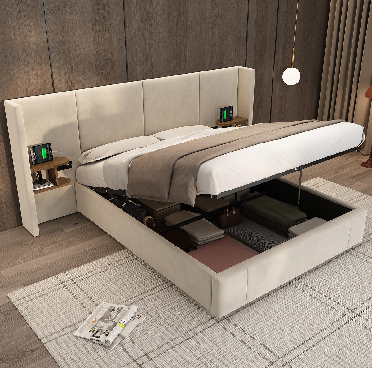 POLSTERBETT 160/200 cm aus Samt mit Bettkasten, 2 Nachttischen und USB - Beige, Textil (160/200cm) - Flora Grace