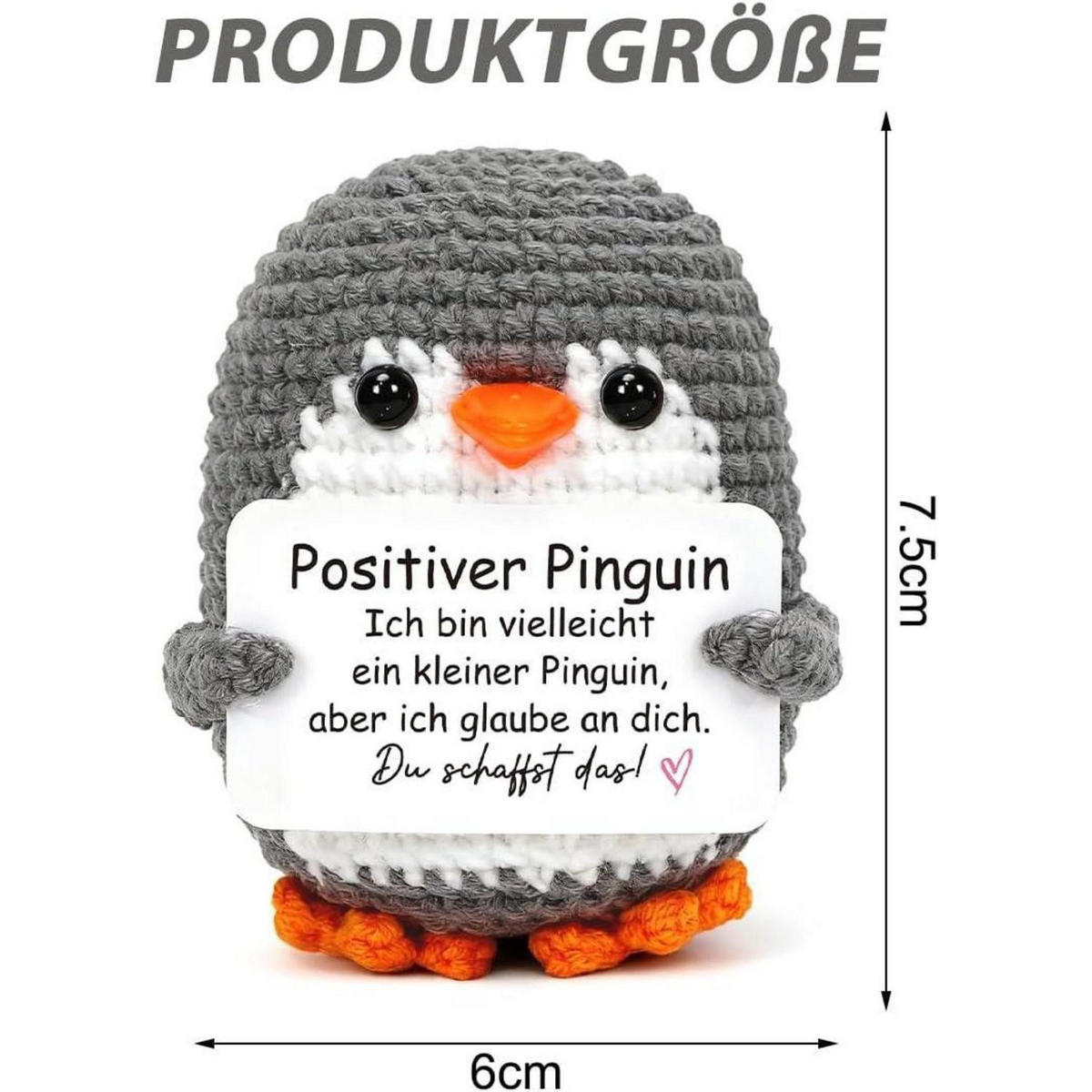 KUSCHELTIER Pinguin gehäkelt Grau mit Karte - Grau, Textil (10.5/10.6cm)