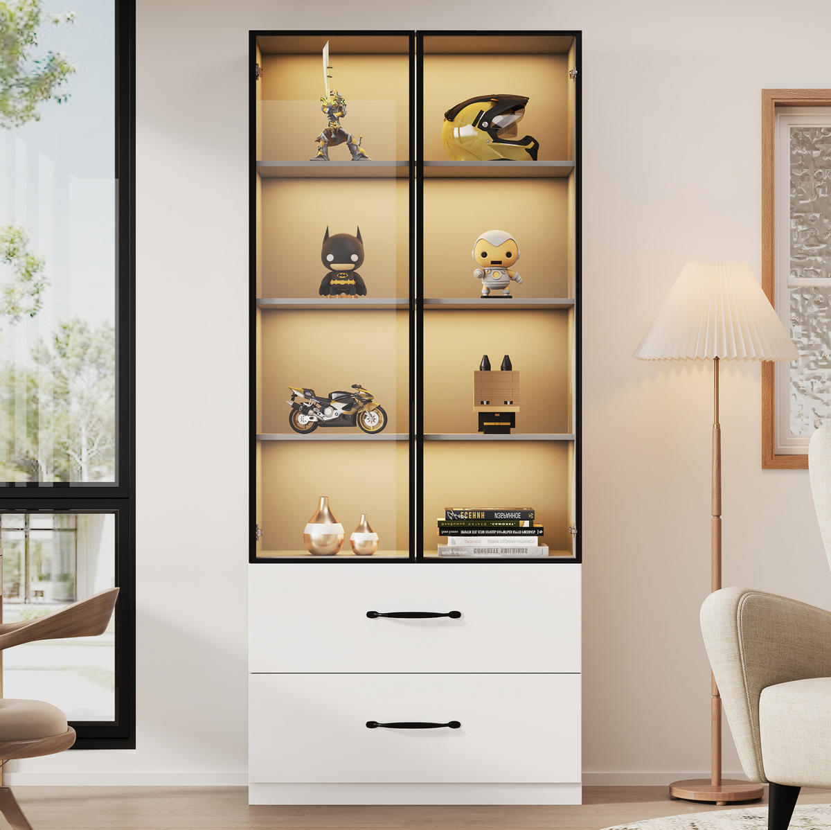 HIGHBOARD 60/40/160 cm in Weiß mit LED-Beleuchtung und 2 Schubladen - Weiß, Holzwerkstoff (60/160/40cm) - Flora Grace