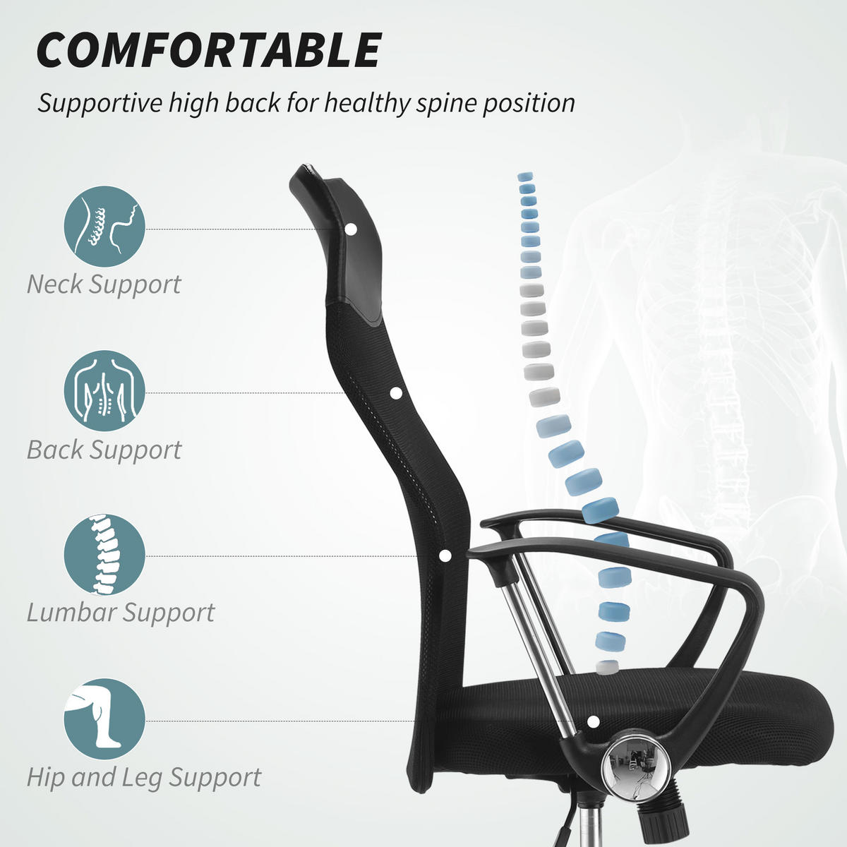 ERGONOMISCHER, Bürostuhl, Netz, Schwarz - Schwarz, Kunststoff (65/119/63cm) - HOMCOM