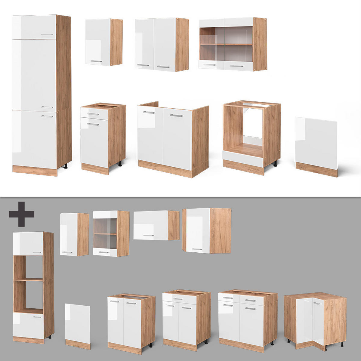KÜCHE R-Line Weiß Hochglanz/Goldkraft Eiche 300 cm, AP Marmor - Weiß Hochglanz/Eiche Wotan, Holzwerkstoff (300/81.6/60cm) - Vicco