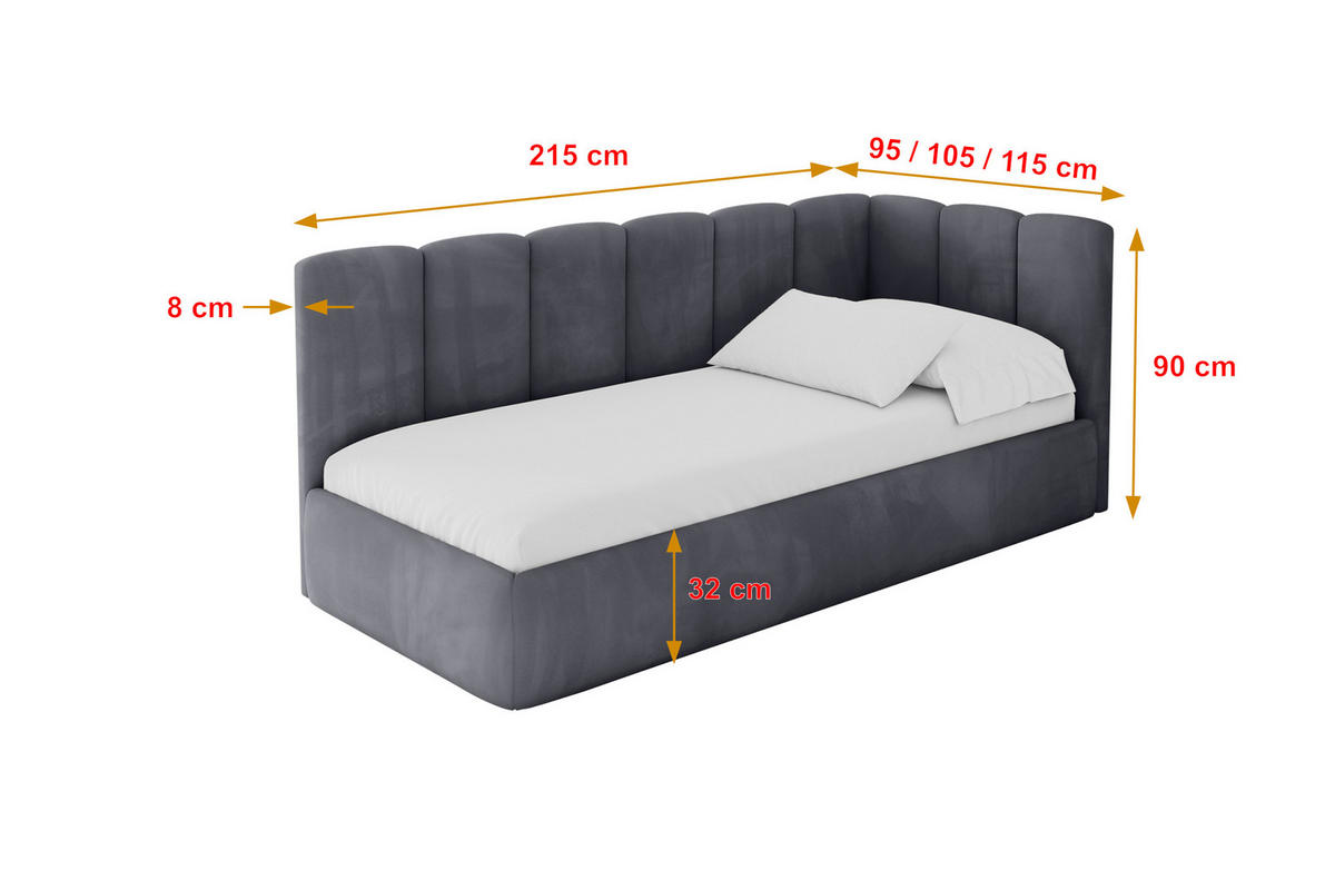 EINZELLBETT Jugendbett mit Bettkasten, Links - DEXY 90x200 Dunkelgrau - Dunkelgrau, Holzwerkstoff/Textil (90/200cm) - ALTDECOR