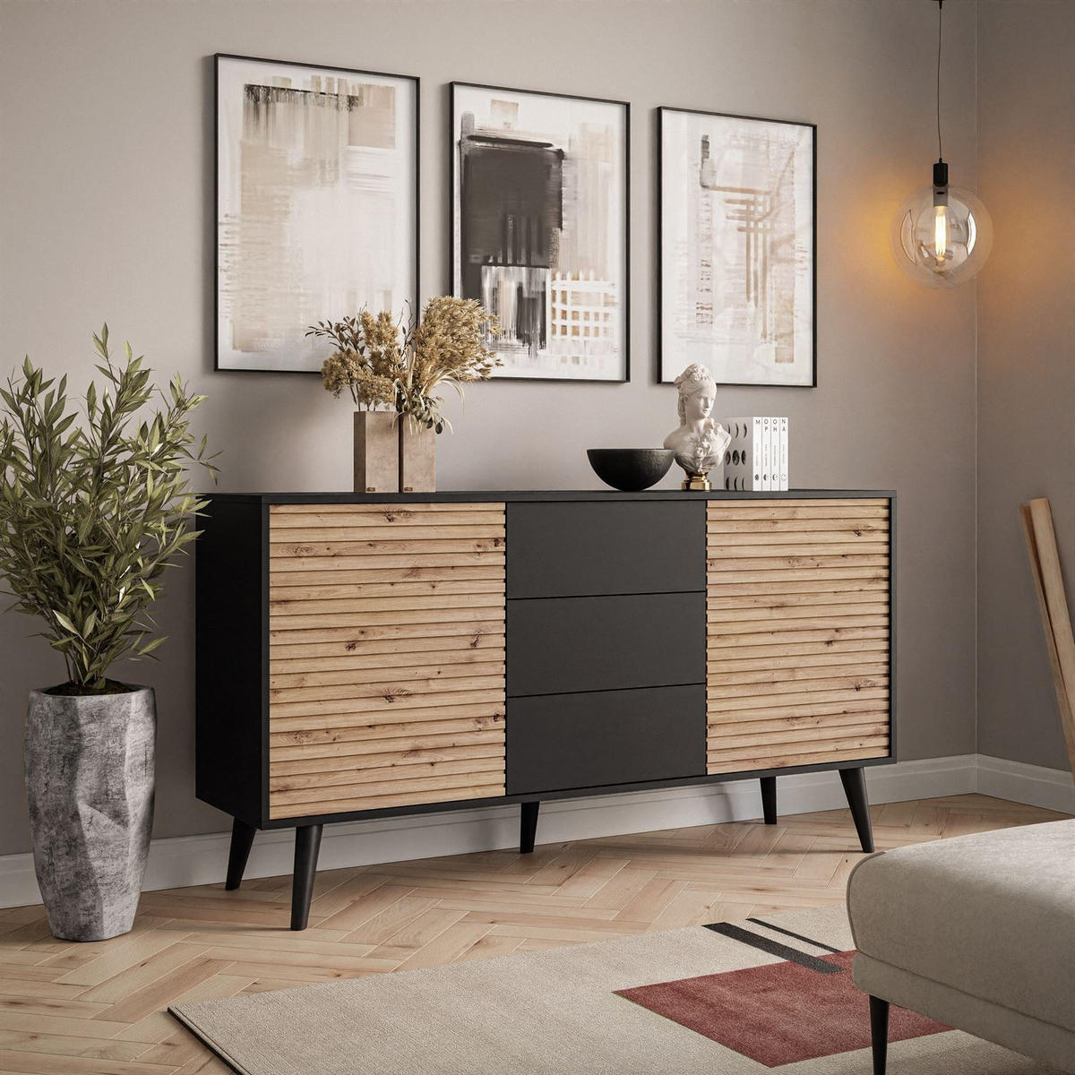 KOMMODE CONE KSZ154 - Eichefarben/Schwarz, Holzwerkstoff (154/83/39cm) - Lookway