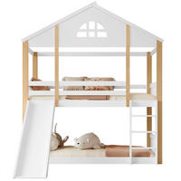 ETAGENBETT 90/200 cm mit Rutsche, Winkeltreppe, Fensterdesign und Hausrahmen aus Massivholz und MDF, Weiß/Natur - Weiß, Holz (90/200cm) - Redom