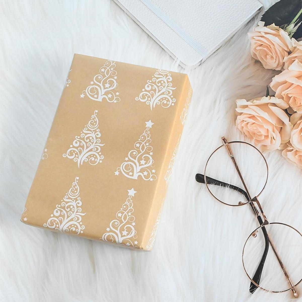 GESCHENKPAPIER Rolle 15 m Kraftpapier bedruckt Baum und Stern - Beige, Papier (43/0.1/1500cm)