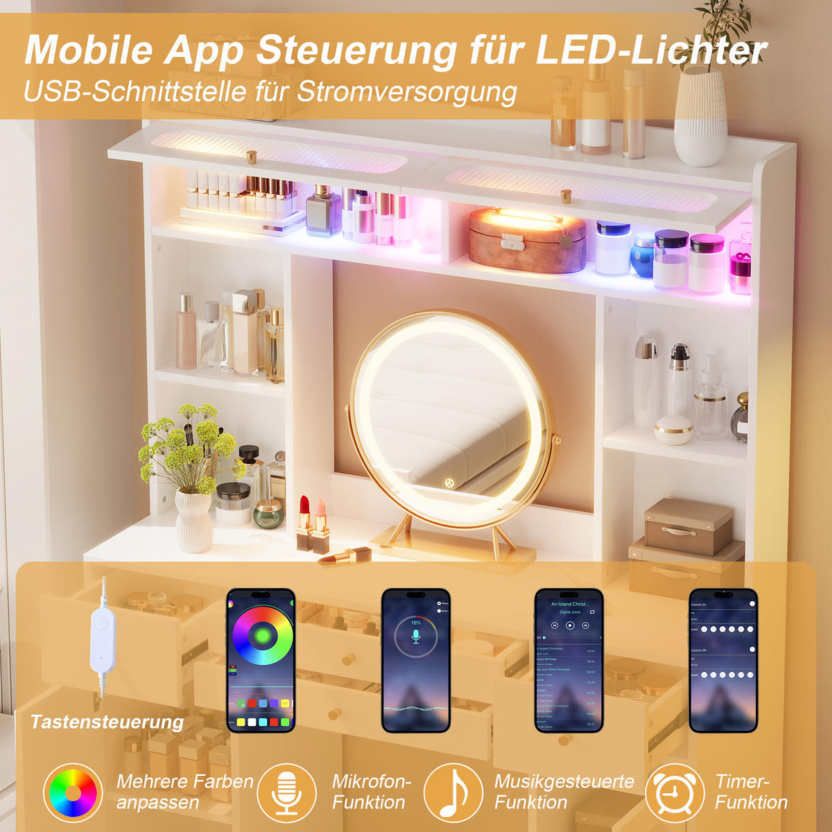 TOALETNÍ STOLEK v bílé barvě s LED osvětlením a zásuvkami do ložnice, Š120/H40/V160 cm - bílá, kompozitní dřevo/sklo (120/160/40cm) - STILVORA