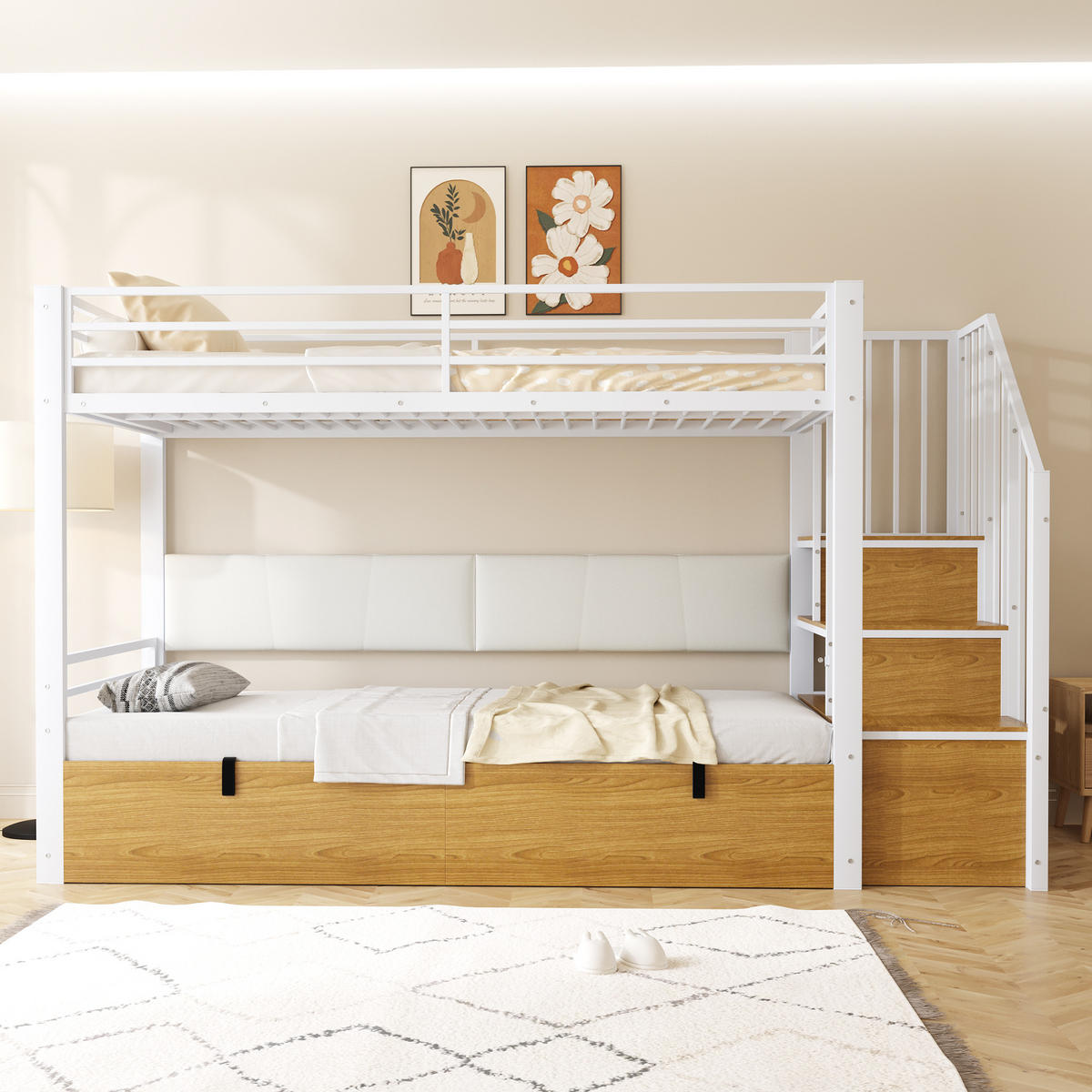 ETAGENBETT 90/200 cm DE-01542, in Weiß, mit hydraulischer Funktion und gepolsterter Rückenlehne - Weiß, Metall (90/200cm) - ComfortXL