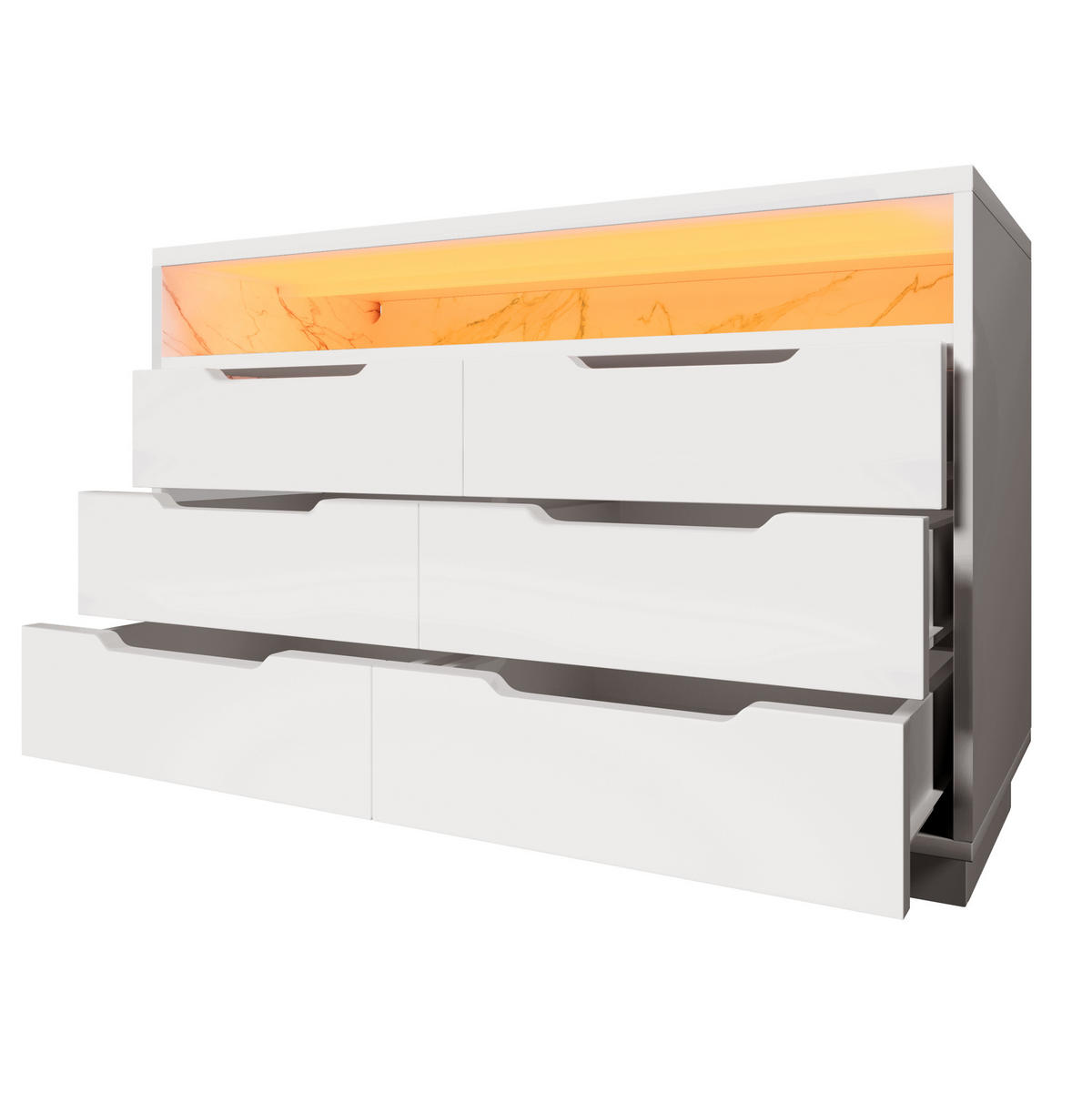 SIDEBOARD aus Spanplatte 40x120x85 cm Weiß mit LED-Beleuchtung, 6 Schubladen und offenem Fach - Weiß, Holzwerkstoff (120/85/40cm) - Modfu