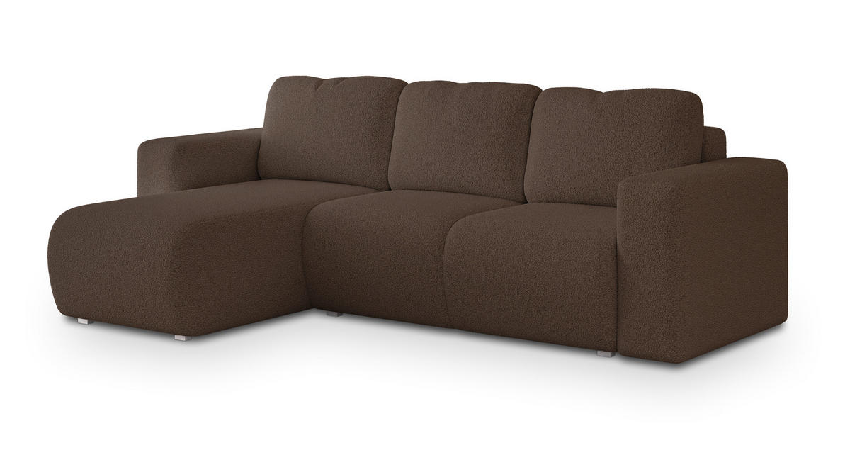 ECKSOFA RINOVA Braun Boucle-Stoff mit Schlaffunktion - Braun, Holz (250/143cm) - MASSENO