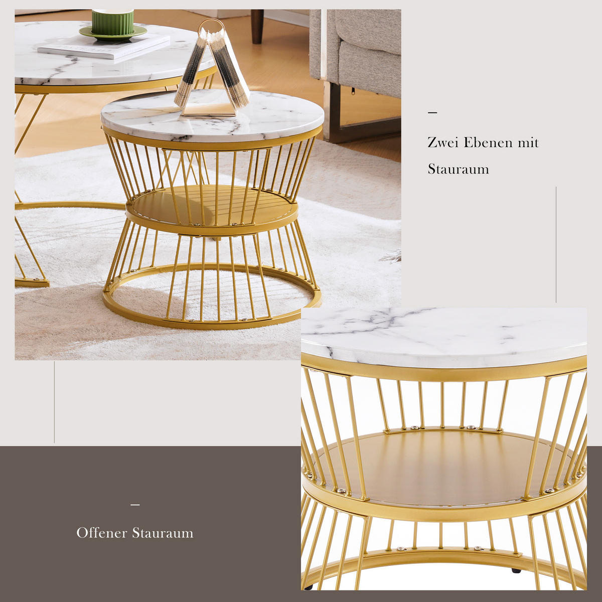 COUCHTISCH Nesting 2er-Set in Weiß Marmor-Optik - Weiß, Holzwerkstoff (70/70/45cm) - Urban Meuble