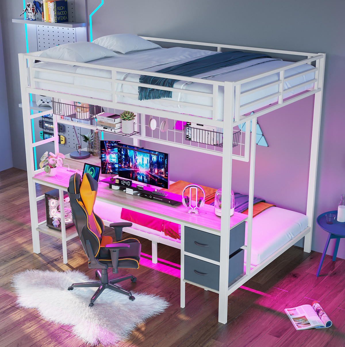 HOCHBETT 140/200 cm Weiß aus Metall und MDF mit Schreibtisch - Weiß, Metall (140/200cm) - OKMYHOME