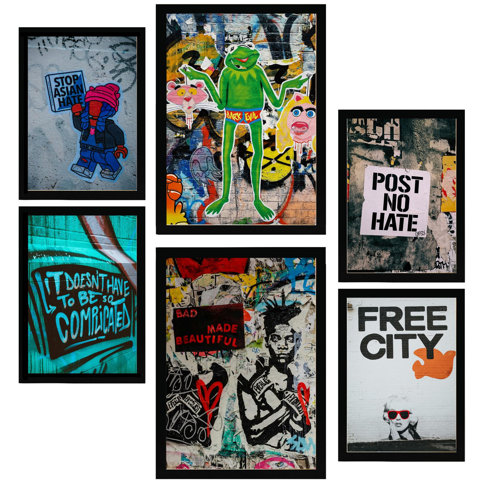 POSTER Set Mit 6 Graffiti Straßenkunst Wandschablonenanspruch A3 & A4 Schwarzer Rahmen - Schwarz, Papier (29/3cm) - Nacnic