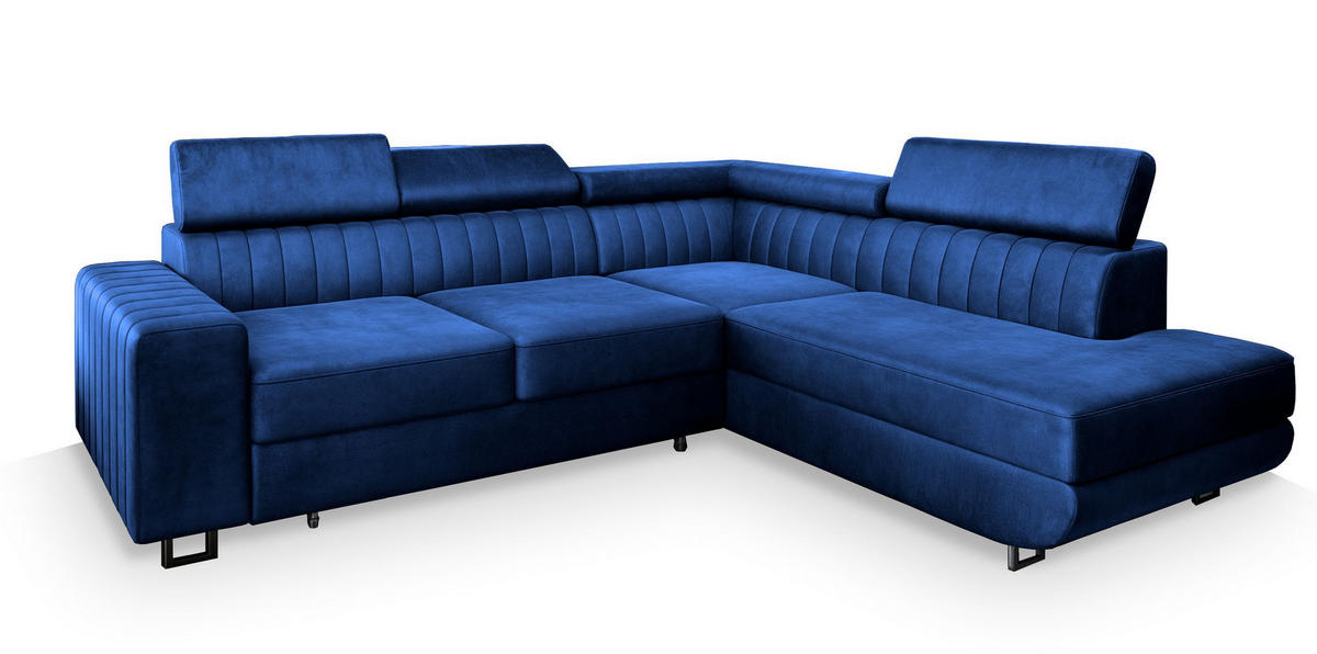 ECKSOFA NOLA R-S Blau Velours-Stoff mit Schlaffunktion - Blau, Holz (253/190cm) - MASSENO