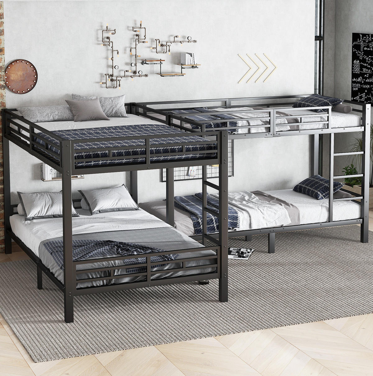 ETAGENBETT aus Eisen und Holz 90x200/140x200 cm Schwarz mit dreistufiger Leiter und stabilem Lattenrost - Schwarz, Metall (90/200cm) - Modfu
