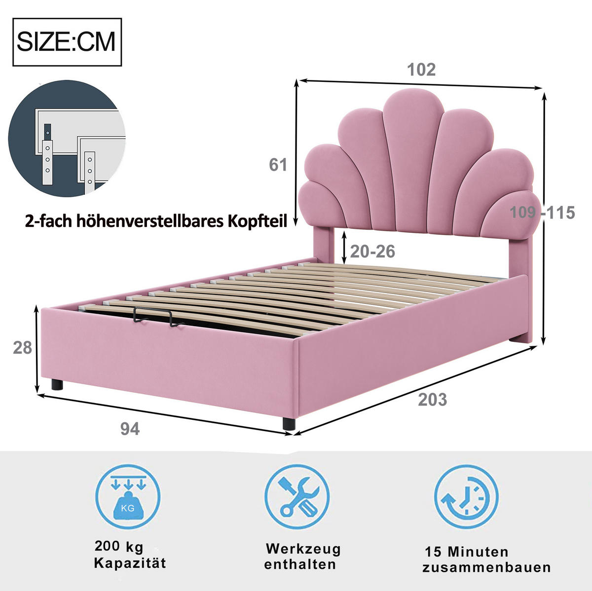 POLSTERBETT 90/200 cm mit hydraulischem Bettkasten, floralem Samt-Kopfteil und Lattenrost, Rosa - Rosa, Textil (90/200cm) - Redom