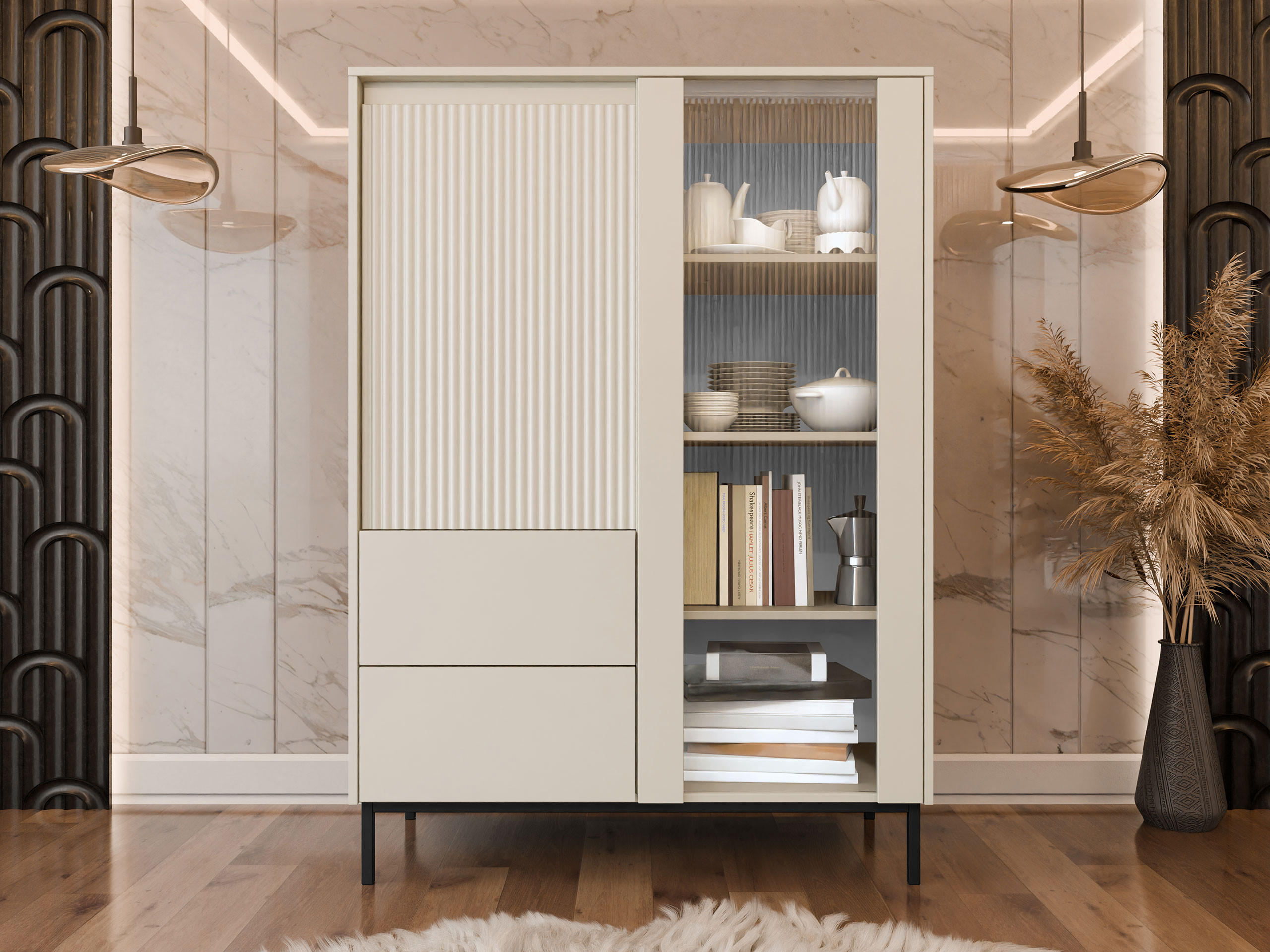 VITRINE Ozmi 2D2SZ - Kaschmir/Schwarz, Holzwerkstoff/Metall (104/146/50cm) - MIRJAN24