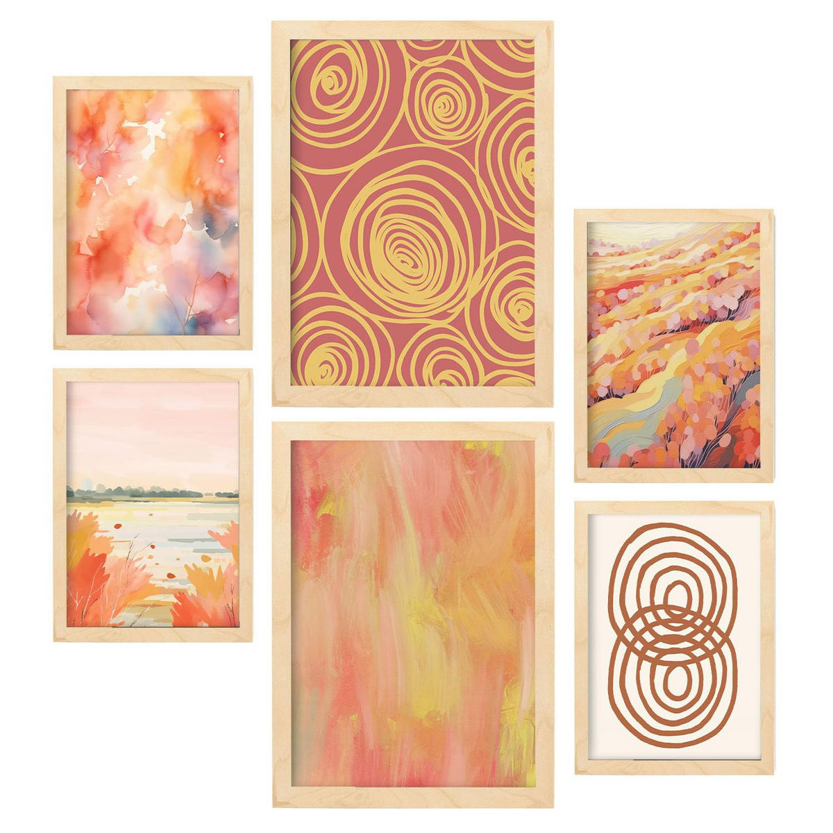 POSTER Set Mit 6 Orangefarbene Spries In Zusammenfassungen A3 & A4 Rahmen Aus Hellem Holz - Beige, Papier (29/3cm) - Nacnic