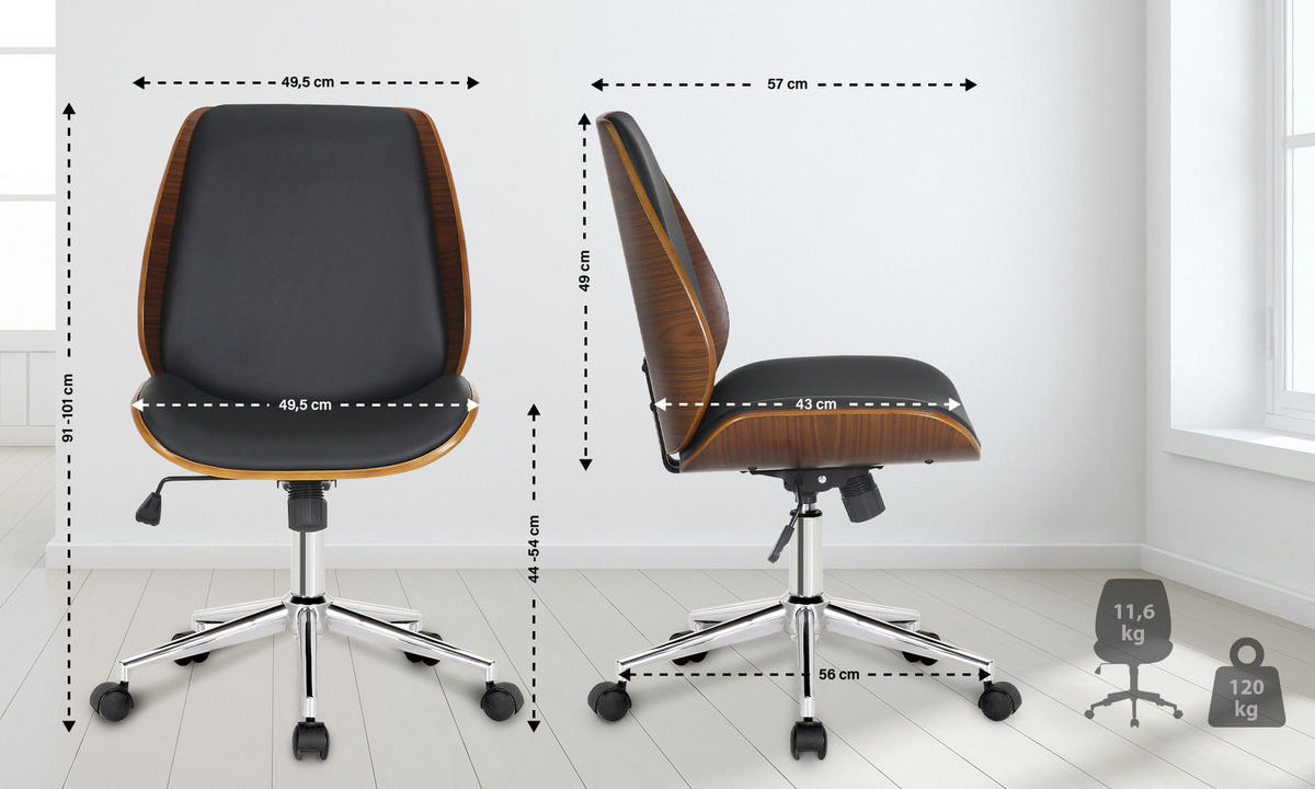 DREHSTUHL Lederlook Walnuss/Schwarz - Chromfarben/Walnussfarben, Textil/Metall (49.5/90/57cm) - CLP