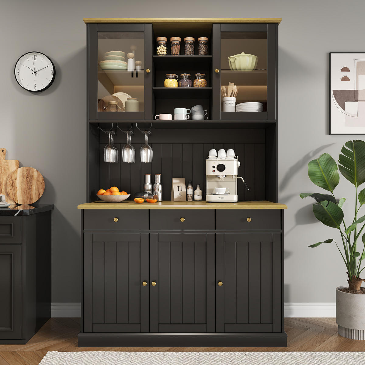 BUFFETSCHRANK Hochschrank 120x40x191cm Schwarz Gold Griffe USB - Schwarz, Holzwerkstoff (40/191/120cm) - FLIEKS